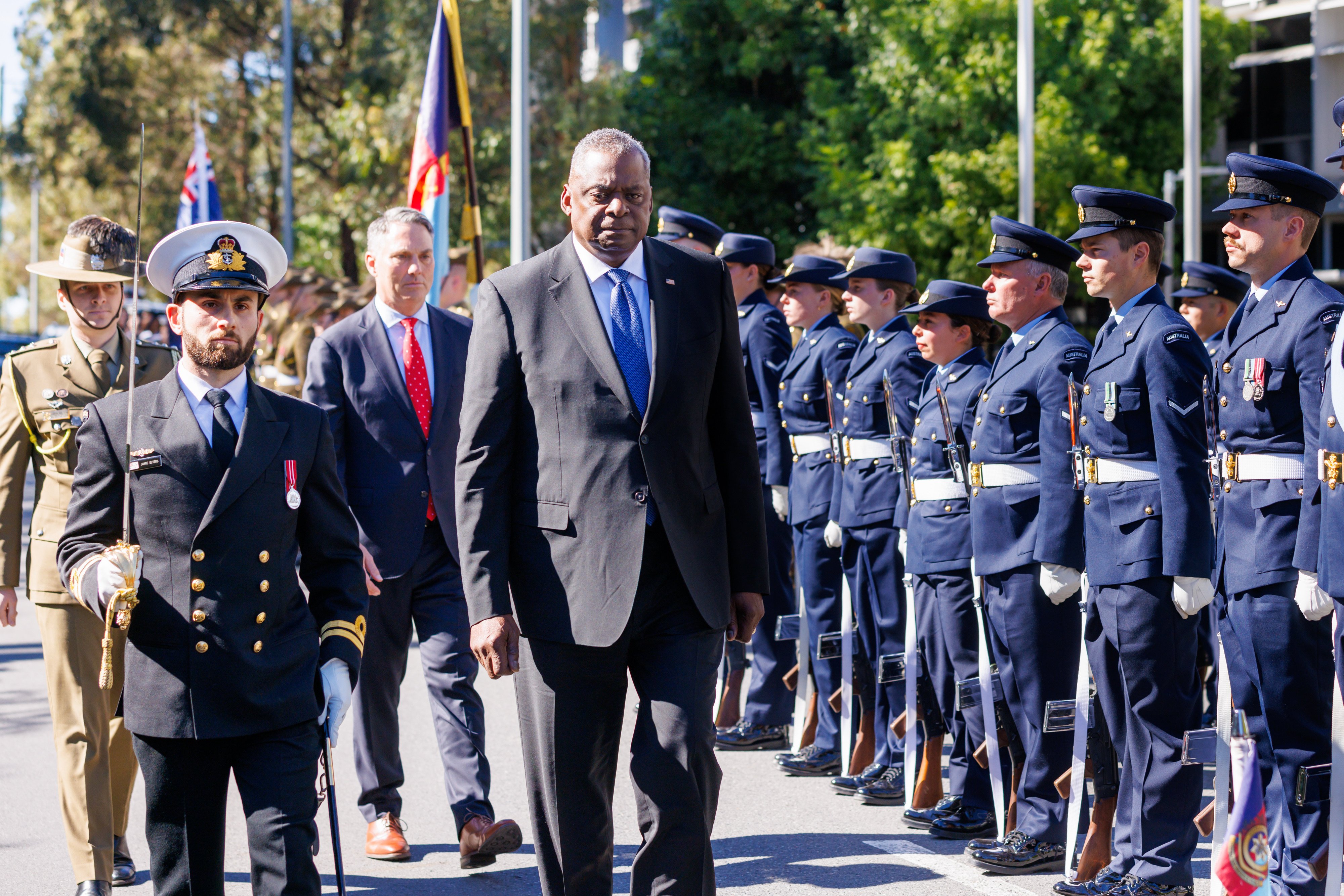 US Defence Secretary Lloyd Austin (centre) is followed by Australian Defence Minister Richard Marles as they inspect the military guard during a meeting ahead of the Australia-United States Ministerial Consultations in Brisbane, on July 28. Photo: Bloomberg