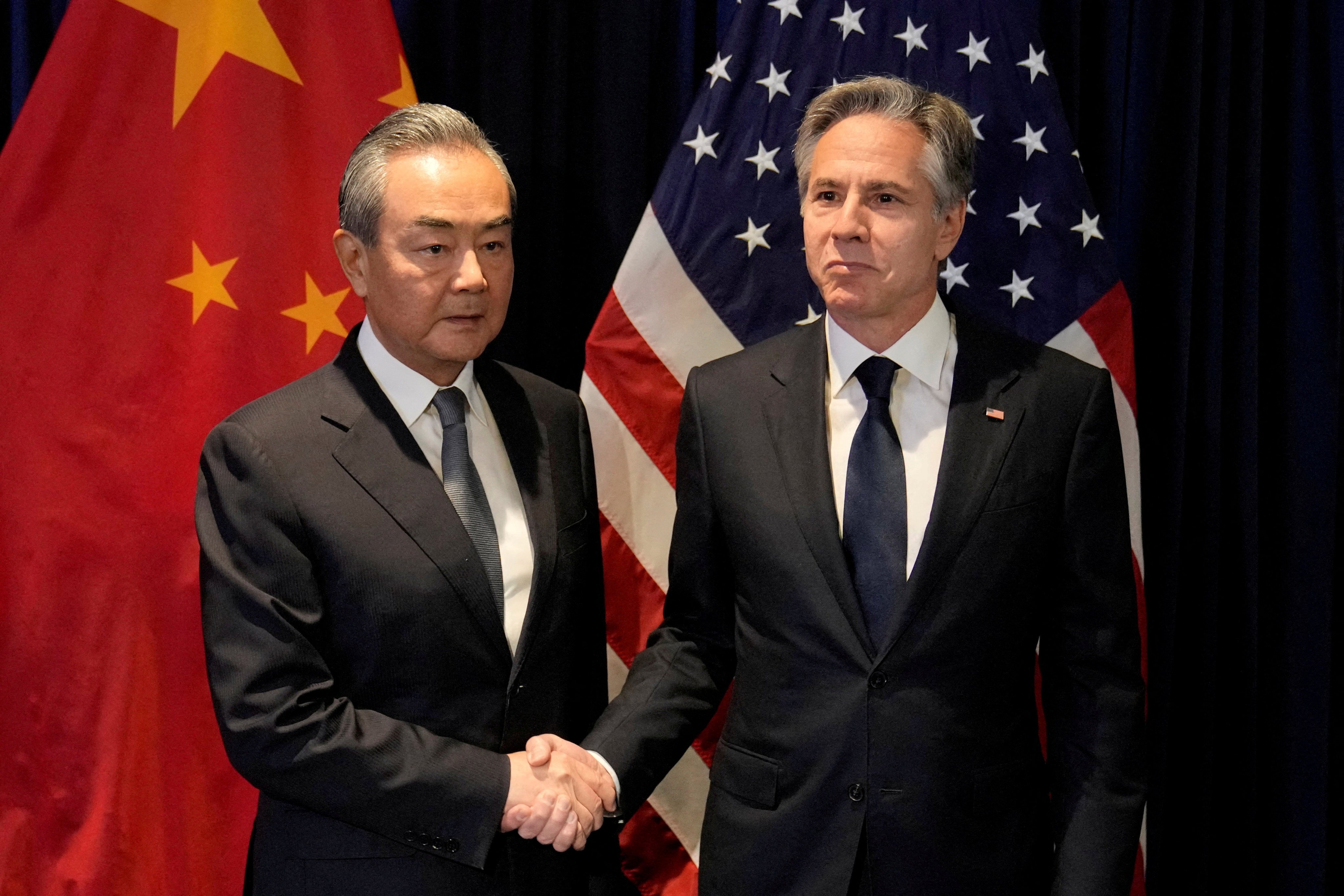 Top Chinese diplomat Wang Yi and US Secretary of State Antony Blinken shake hands during their bilateral discussion on the sidelines of an Association of Southeast Asian Nations meeting in Jakarta, Indonesia, on July 13, 2023. Photo: Reuters