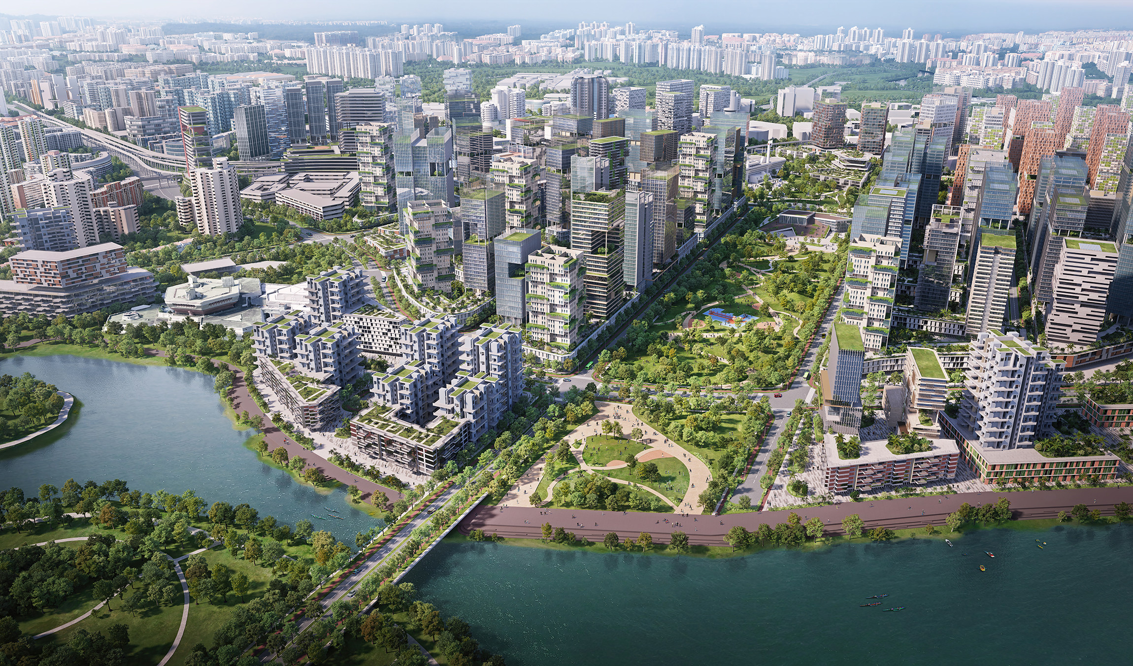 Artist’s impression of the promenade and green spine connecting the new precinct to Jurong Lake. Photo: Urban Redevelopment Authority