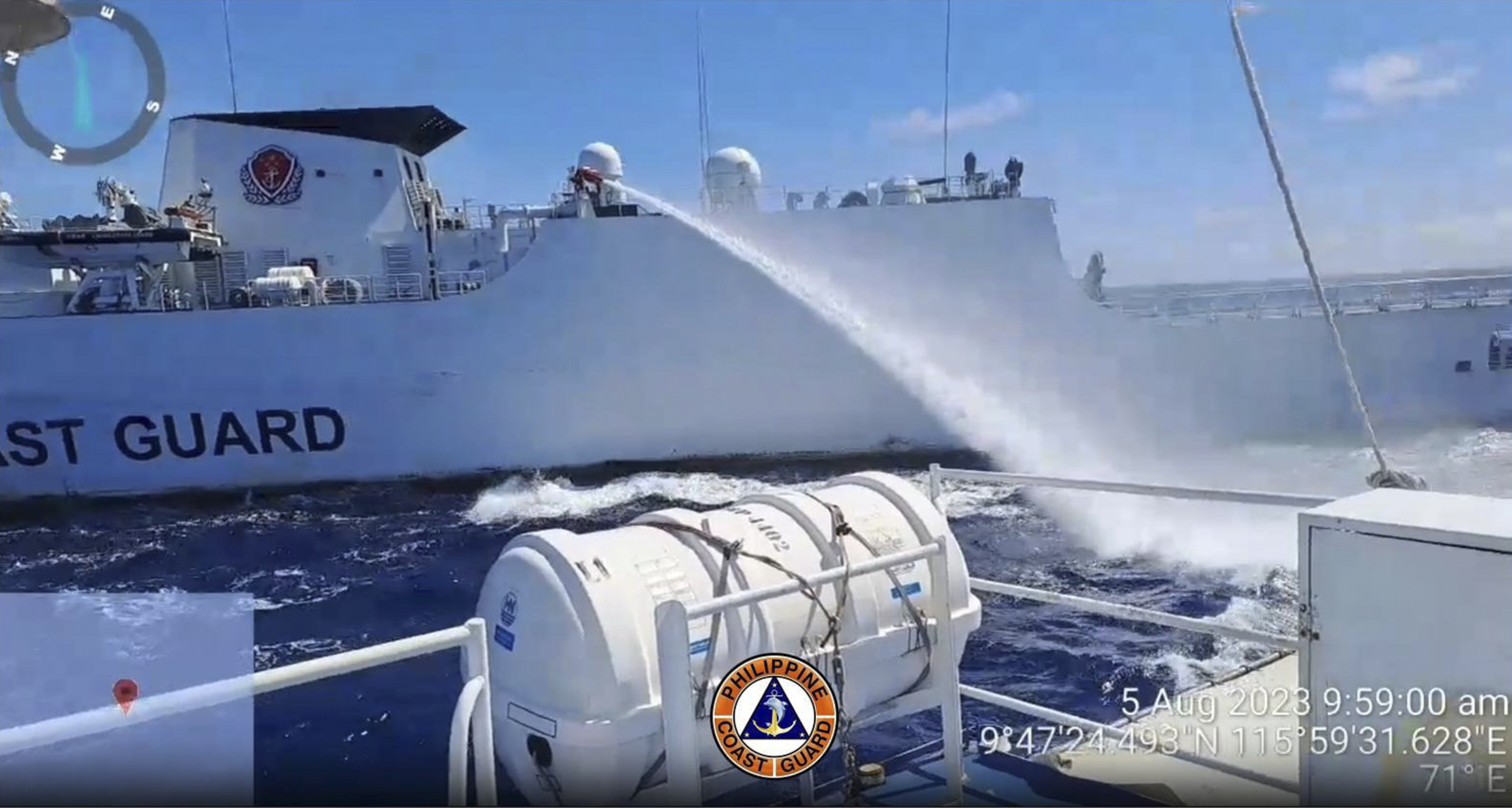 The Philippine coastguard filmed the Chinese use of a water cannon against one of its ships. Photo: AP