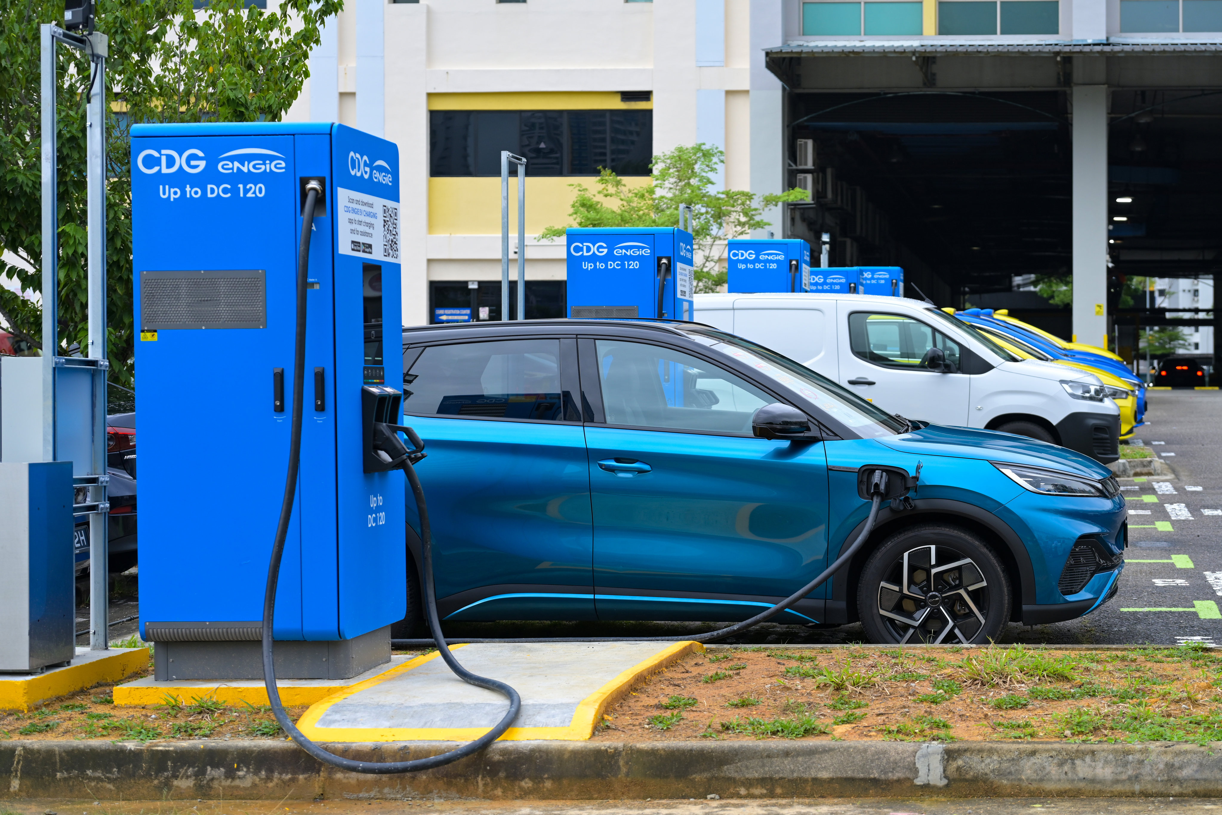 Singapore’s Green Plan 2030 means converting all public and private transport to electric vehicles so the government is working with the private sector to prompt infrastructure investment in fast-charging points such as these. Photo: Handout