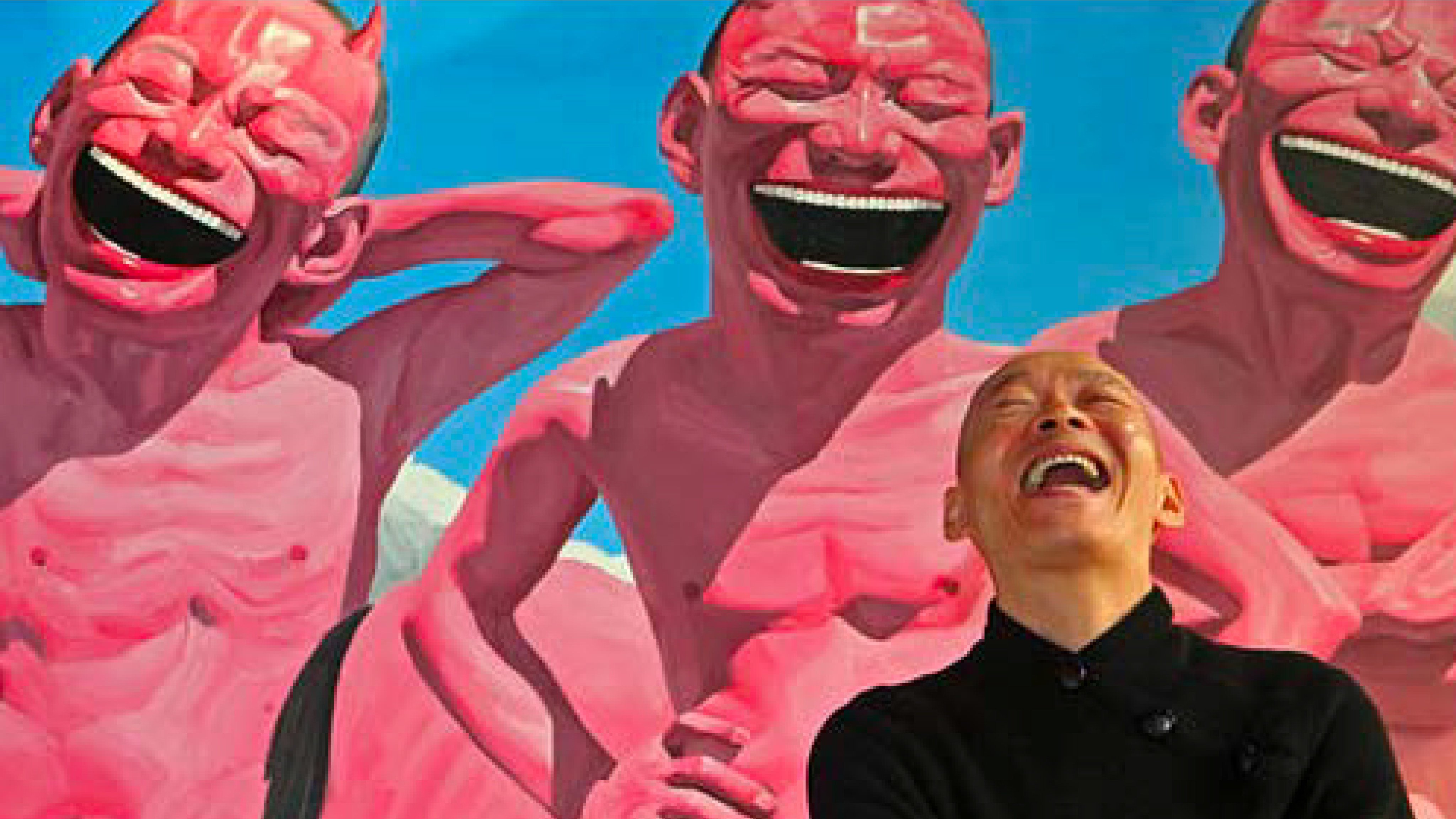 Chinese artist Yue Minjun posing in front of one of his “Laughing Man” paintings. His alter ego features in a collection of NFTs that are launching with the digital token market crashing, but he says his will have long-term value. Photo: Michelle Yue