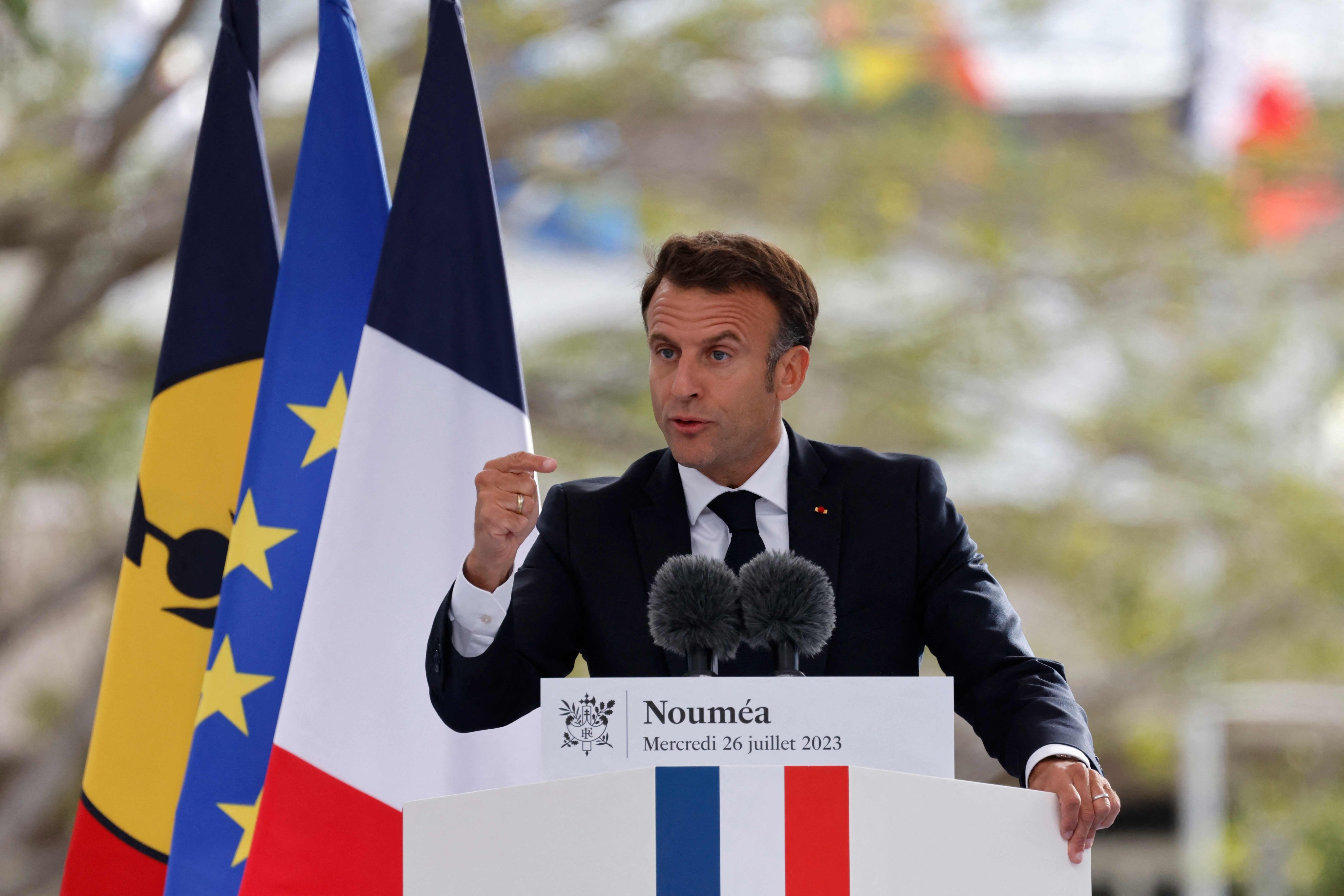 French President Emmanuel Macron delivers a speech at the Place des Cocotiers in Noumea, New Caledonia, on July 26. As former French colonies eject French troops, French dependencies are also exploring ideas of independence. Photo: AFP
