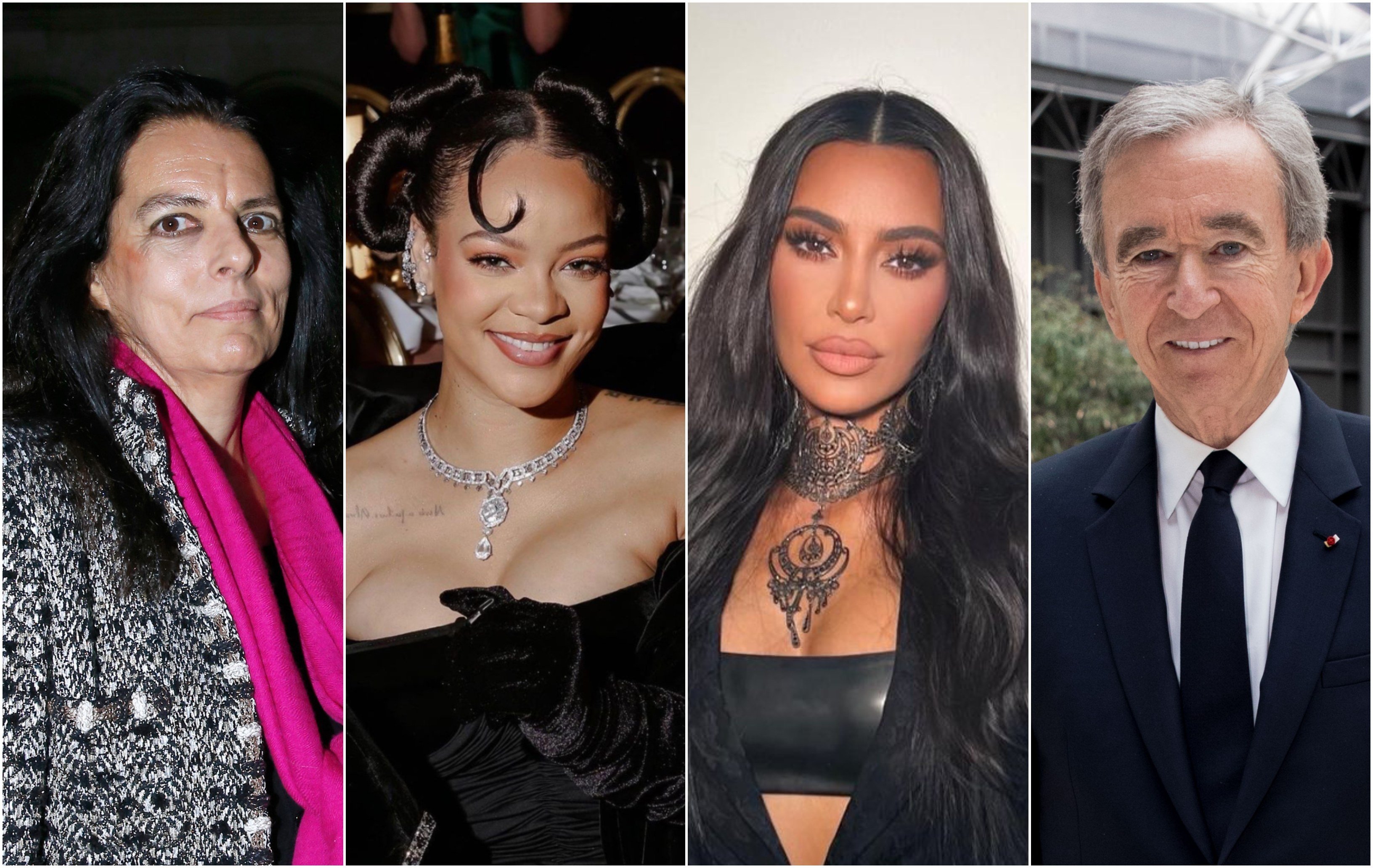 Beauty brand billionaires Françoise Bettencourt Meyers, Rihanna, Kim Kardashian and Bernard Arnault. Photos: Getty Images; @fentyxriri, @kimkardashian/Instagram; Bloomberg
