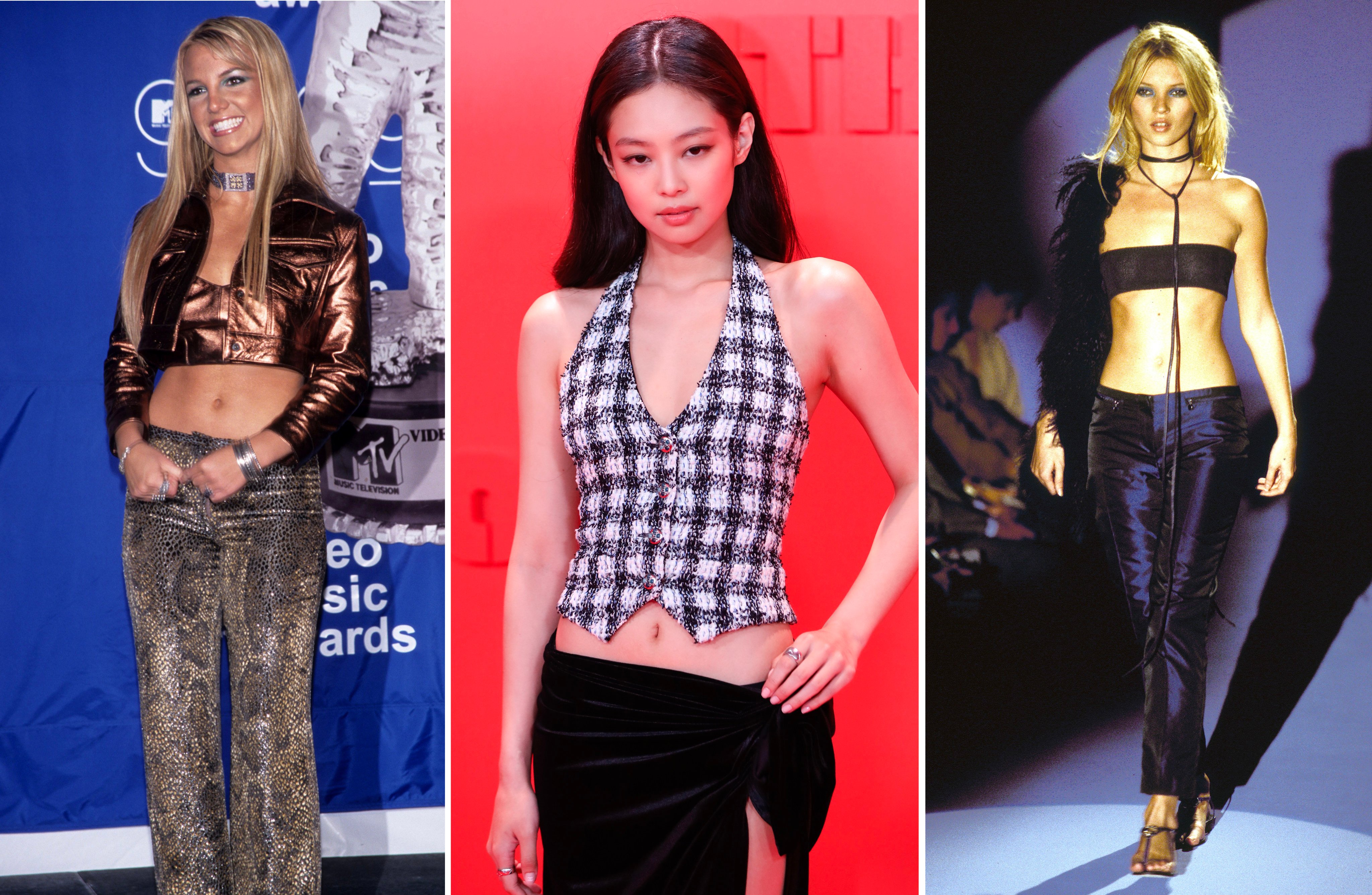 Britney Spears, Jennie from Blackpink and Kate Moss in low-rise trousers and skirts. The style can thank these stars and others for its popularity. Photo: Getty Images