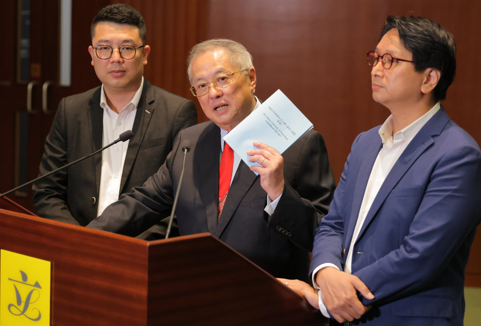 (From left) Lawmakers Edward Lau, Tommy Cheung and Bill Tang, who initiated the private members’ bill to reform the CUHK council. Photo: Jelly Tse