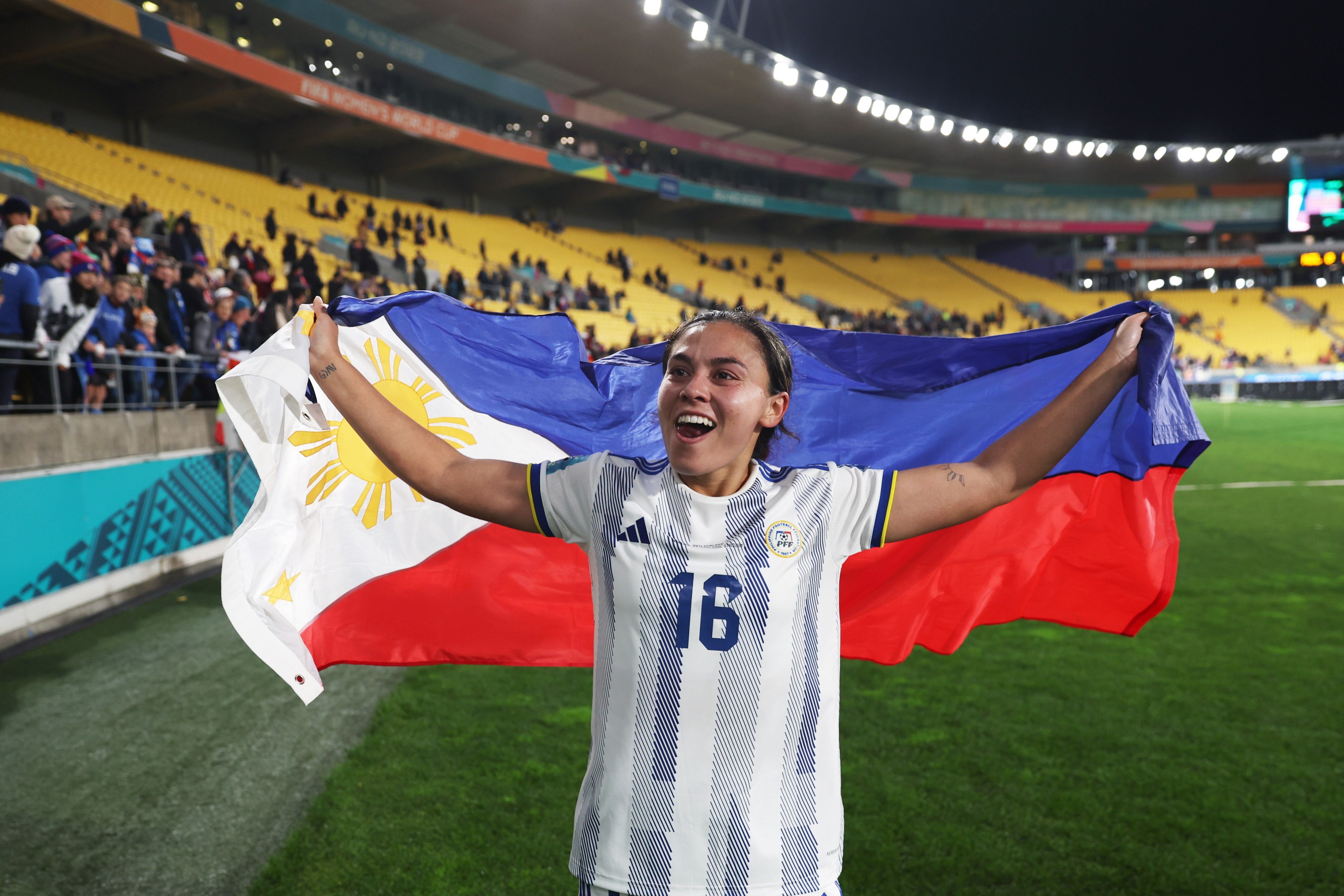 Sofia Harrison of the Philippines celebrates after their FIFA Women’s World Cup group A win over New Zealand in Wellington. Photo: EPA-EFE