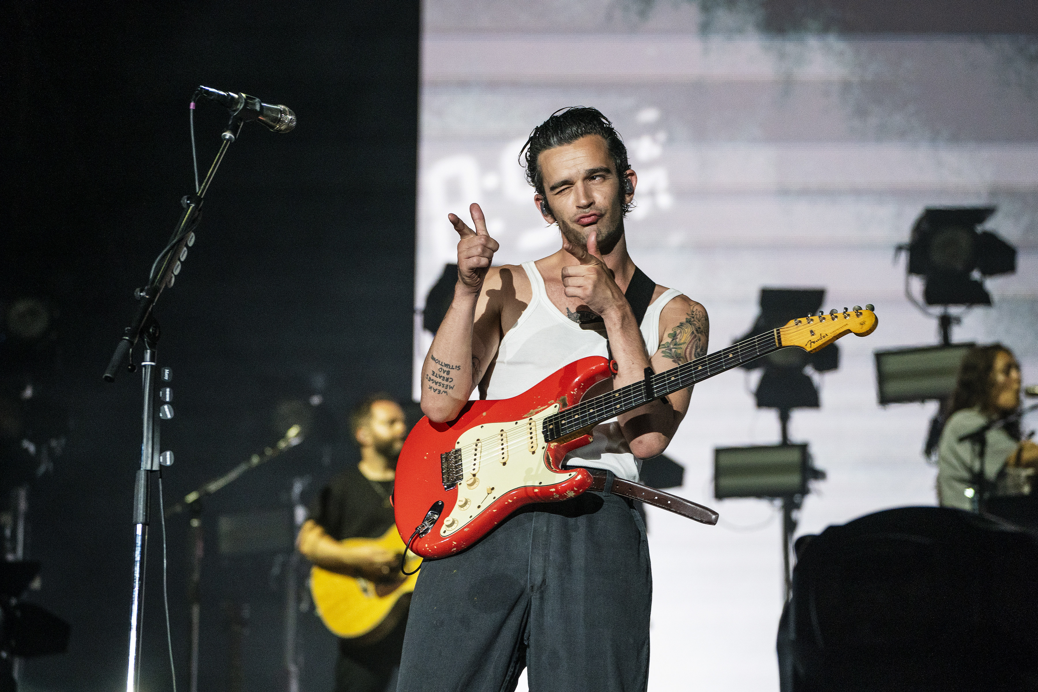 Matty Healy of The 1975 performs at the Lollapalooza Music Festival in Chicago. Photo; AP