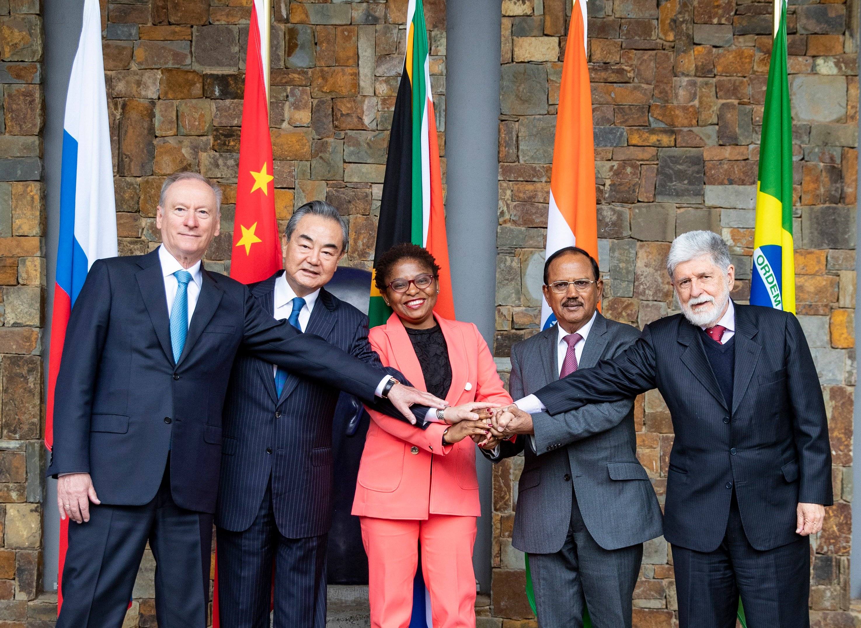 (From left to right) Celso Luiz Nunes Amorim, chief adviser of the presidency of Brazil,  Wang Yi, China’s top diplomat and foreign minister,  Khumbudzo Ntshavheni, minister in the presidency of South Africa, Ajit Doval, Indian national security adviser, and Nikolai Patrushev, secretary of the Security Council of Russia, at the 13th meeting of BRICS national security advisers and high representatives on national security in Johannesburg, South Africa, on July 25. Photo: Xinhua