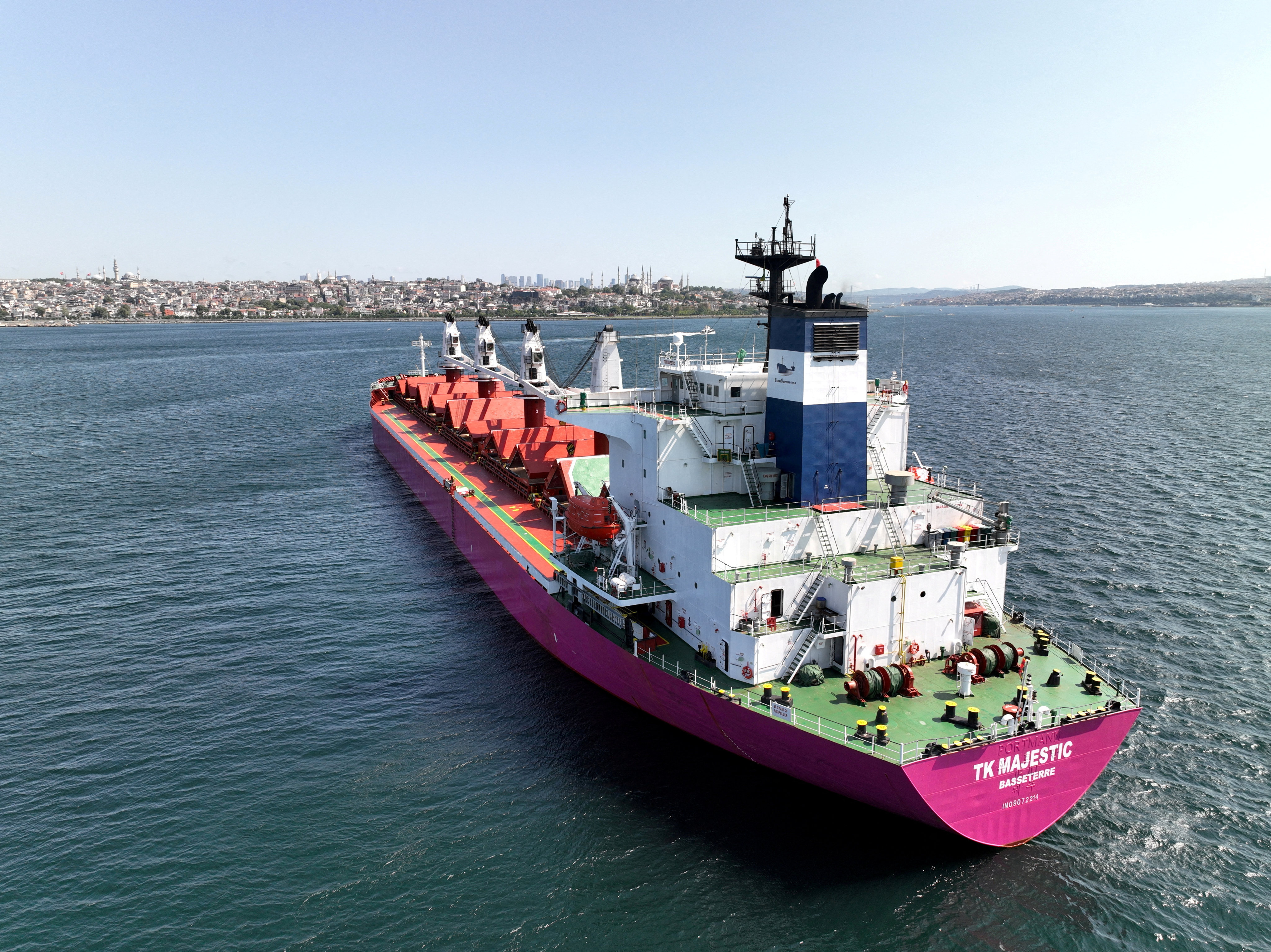 Saint-Kitts-and-Nevis-flagged bulker TK Majestic, carrying grain under the UN’s Black Sea Grain Initiative, waits in the southern anchorage of the Bosphorus in Istanbul. Photo: Reuters