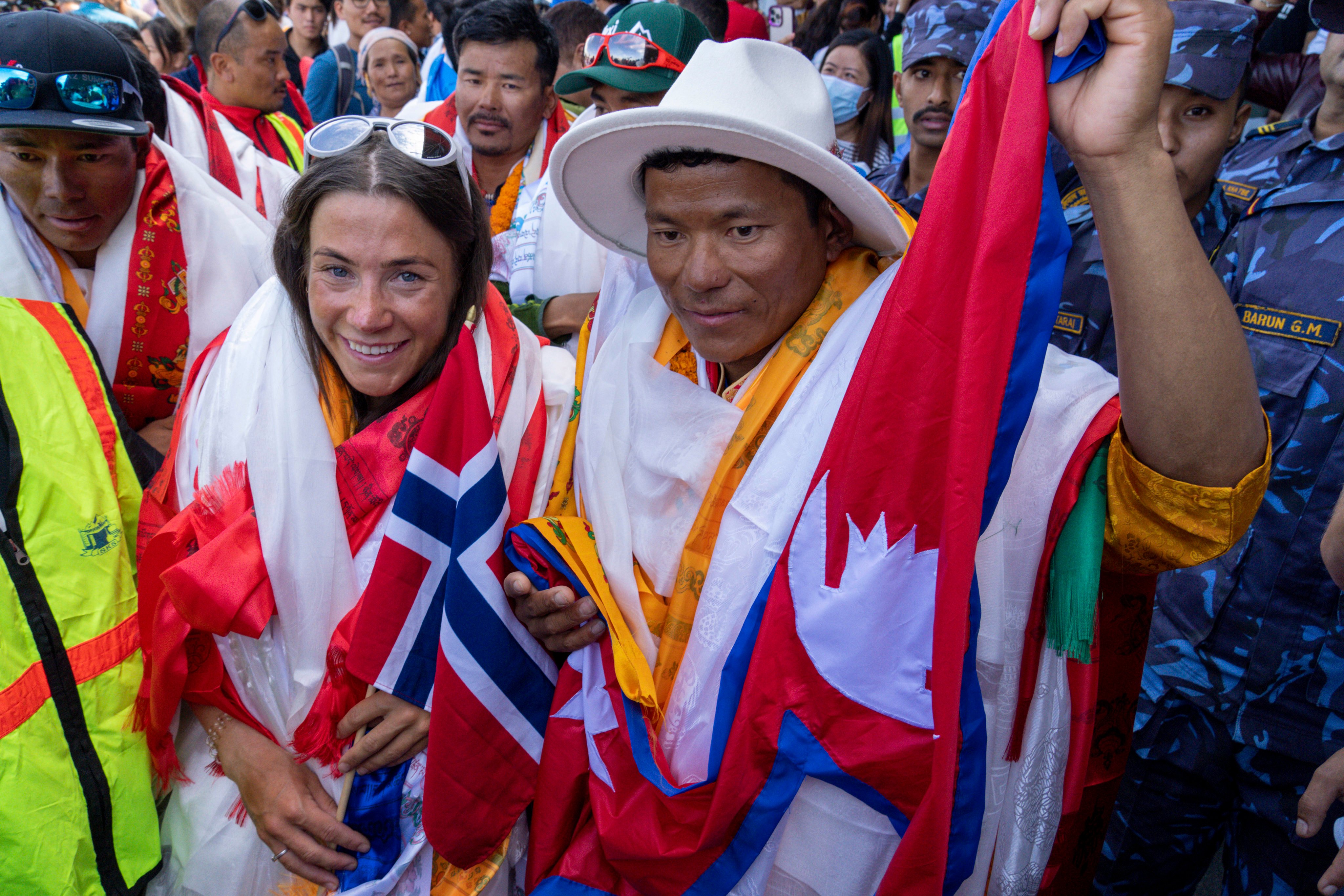 Norwegian climber Kristin Harila and her Nepali sherpa guide Tenjen Sherpa who  climbed the world’s 14 tallest mountains in record time. Photo: AP