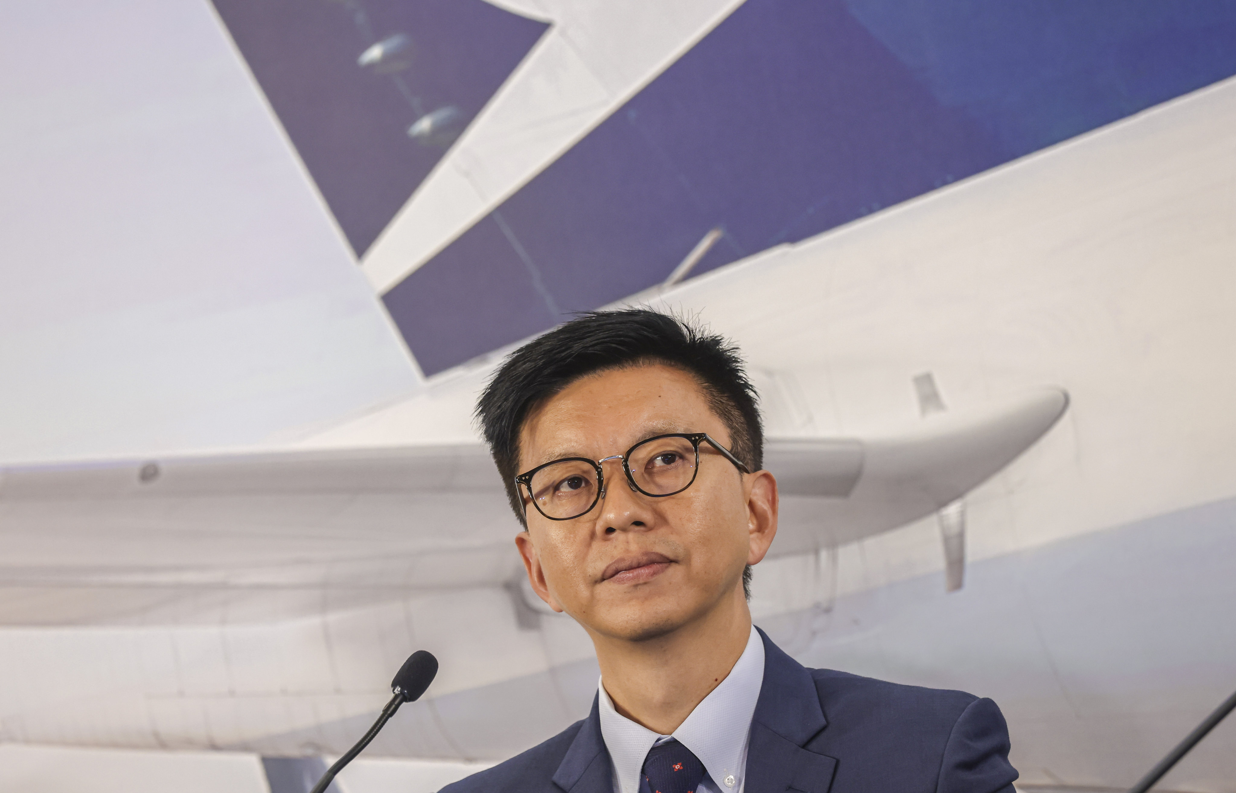 Cathay Pacific’s CEO Ronald Lam Siu-por, at the 2023 Interim Results Announcement press conference at JW Marriott in Admiralty.  The airlines has reported a net profit of HK$4.26 billion (US$546 million) for the first half of 2023, its first in three years as the carrier moves past the impact of the Covid-19 pandemic. Photo: SCMP/Jonathan Wong