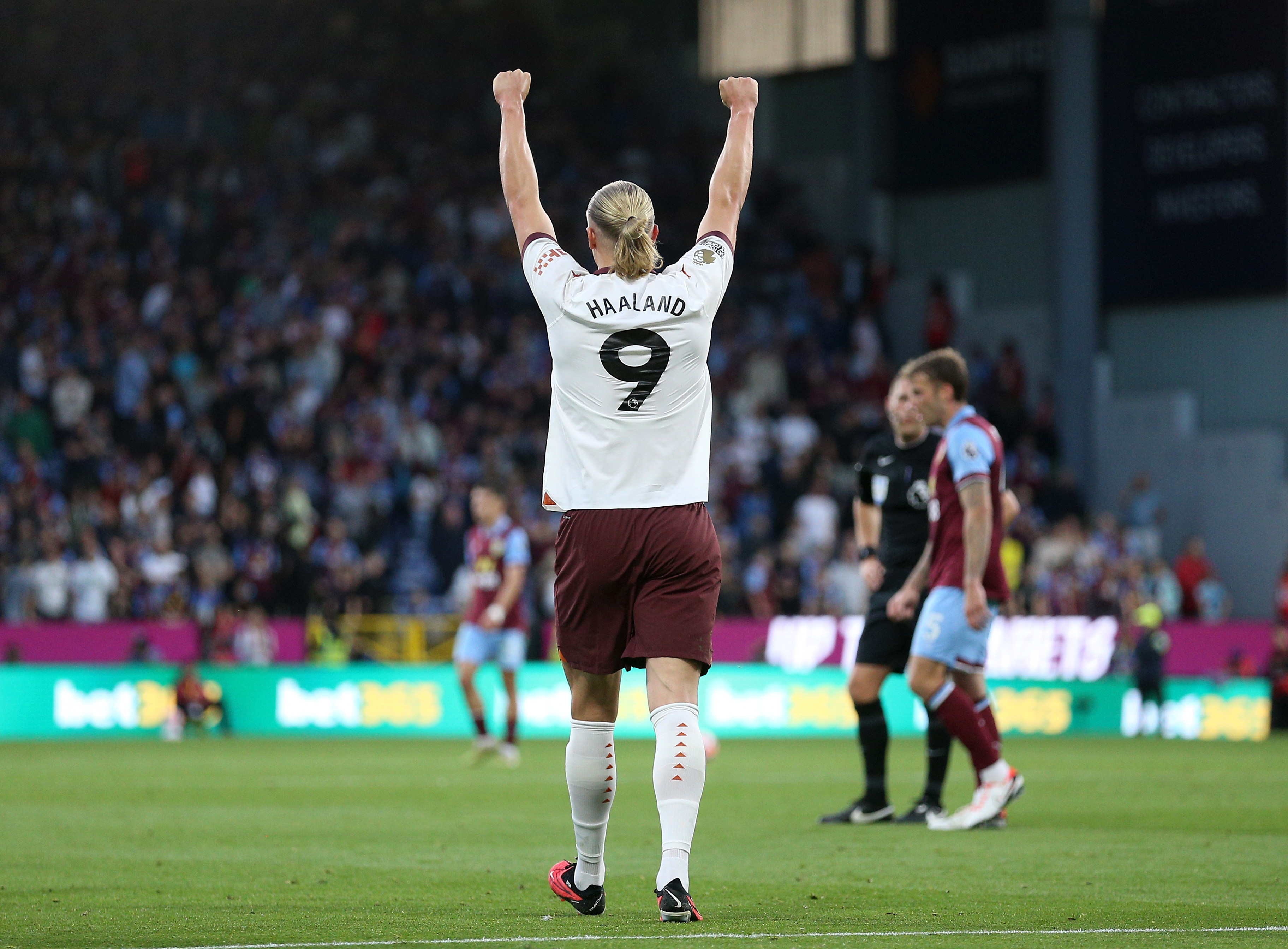 Manchester City’s Erling Haaland celebrates scoring his side’s second against Burnley at Turf Moor. Photo: DPA