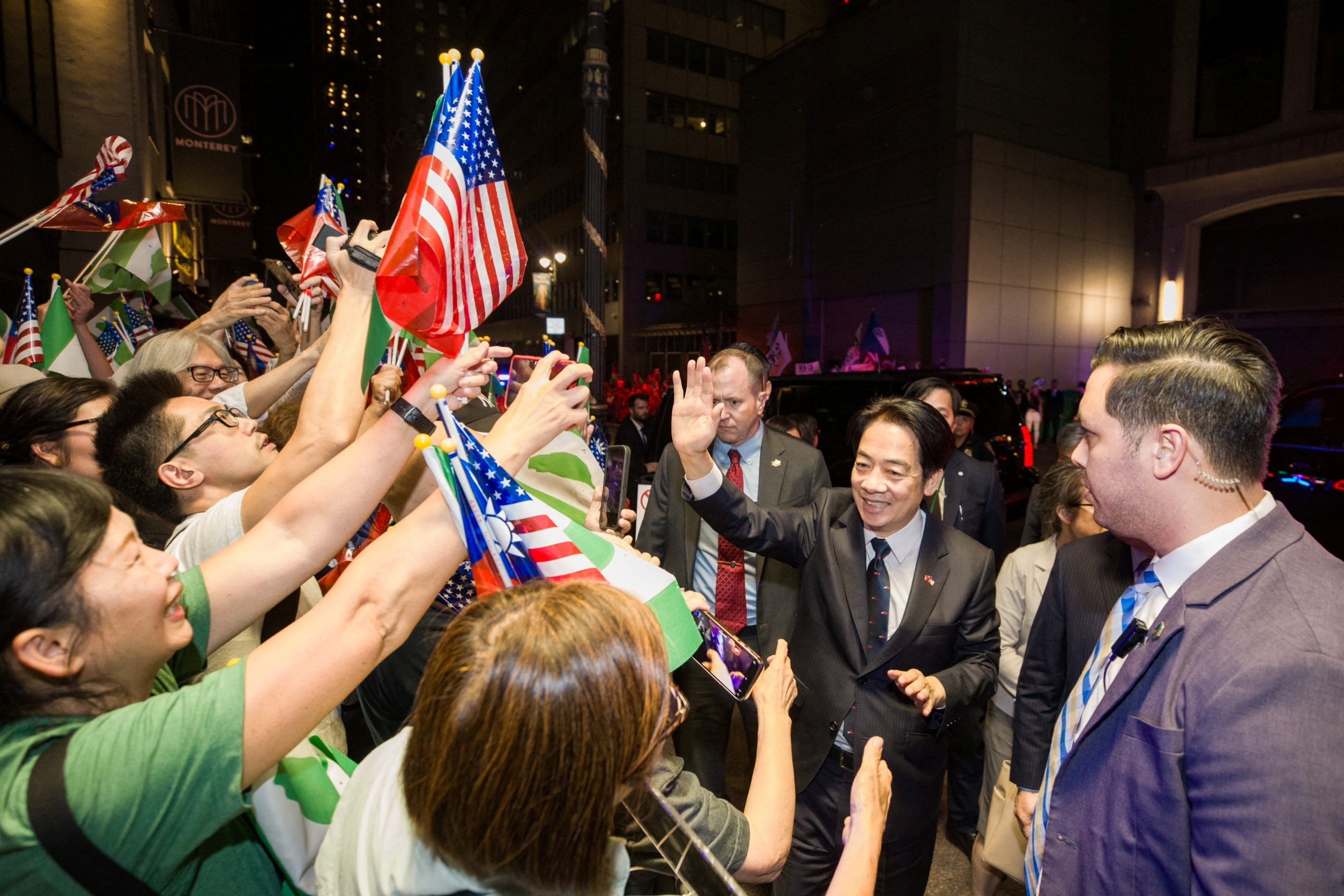 William Lai greets supporters outside the Lotte Hotel in Manhattan during his stopover in New York. Photo: Reuters