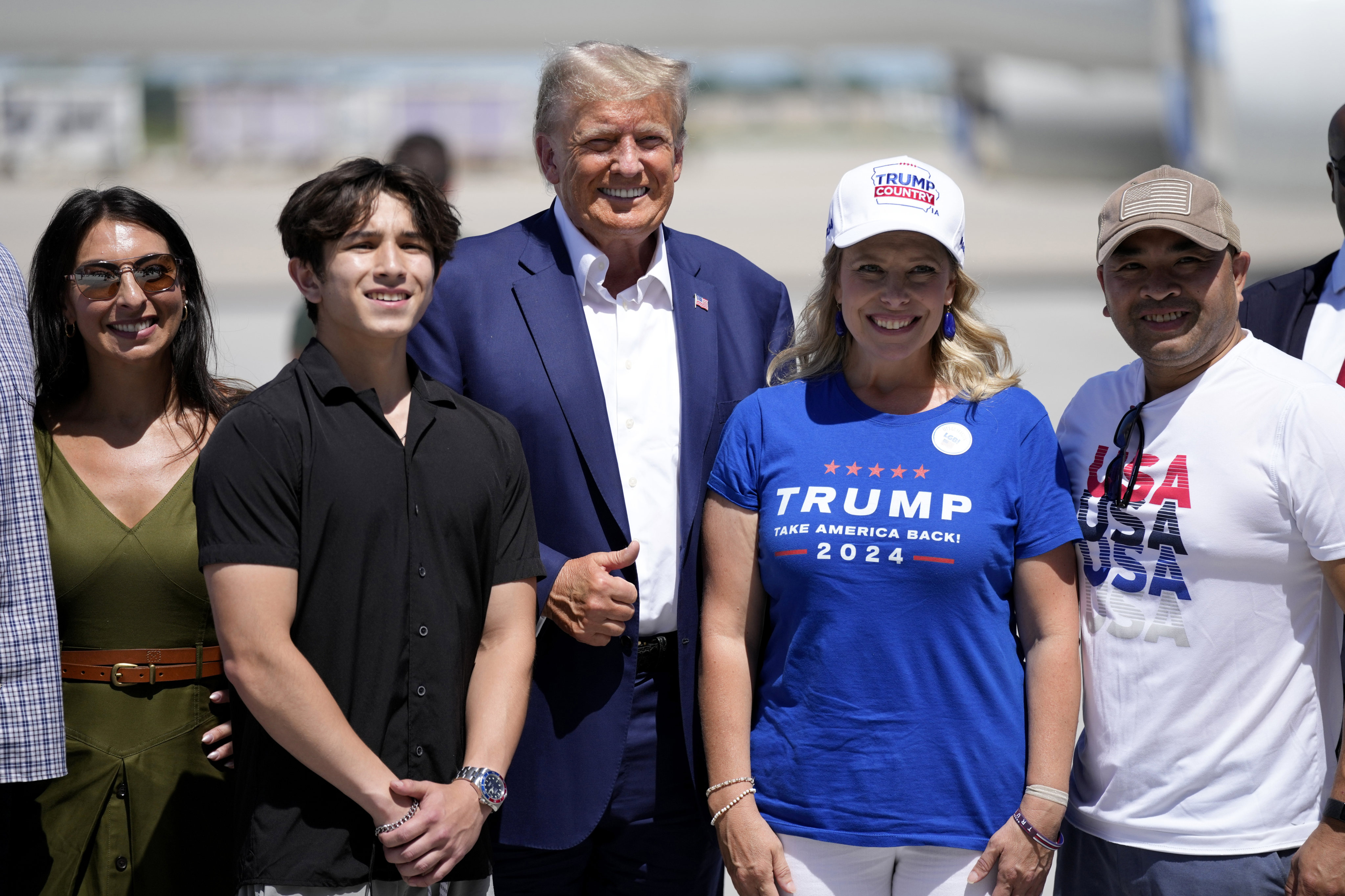 Republican presidential candidate and former US president Donald Trump at Des Moines International Airport after a visit to the Iowa State Fair on Saturday in Des Moines, Iowa. Photo: AP
