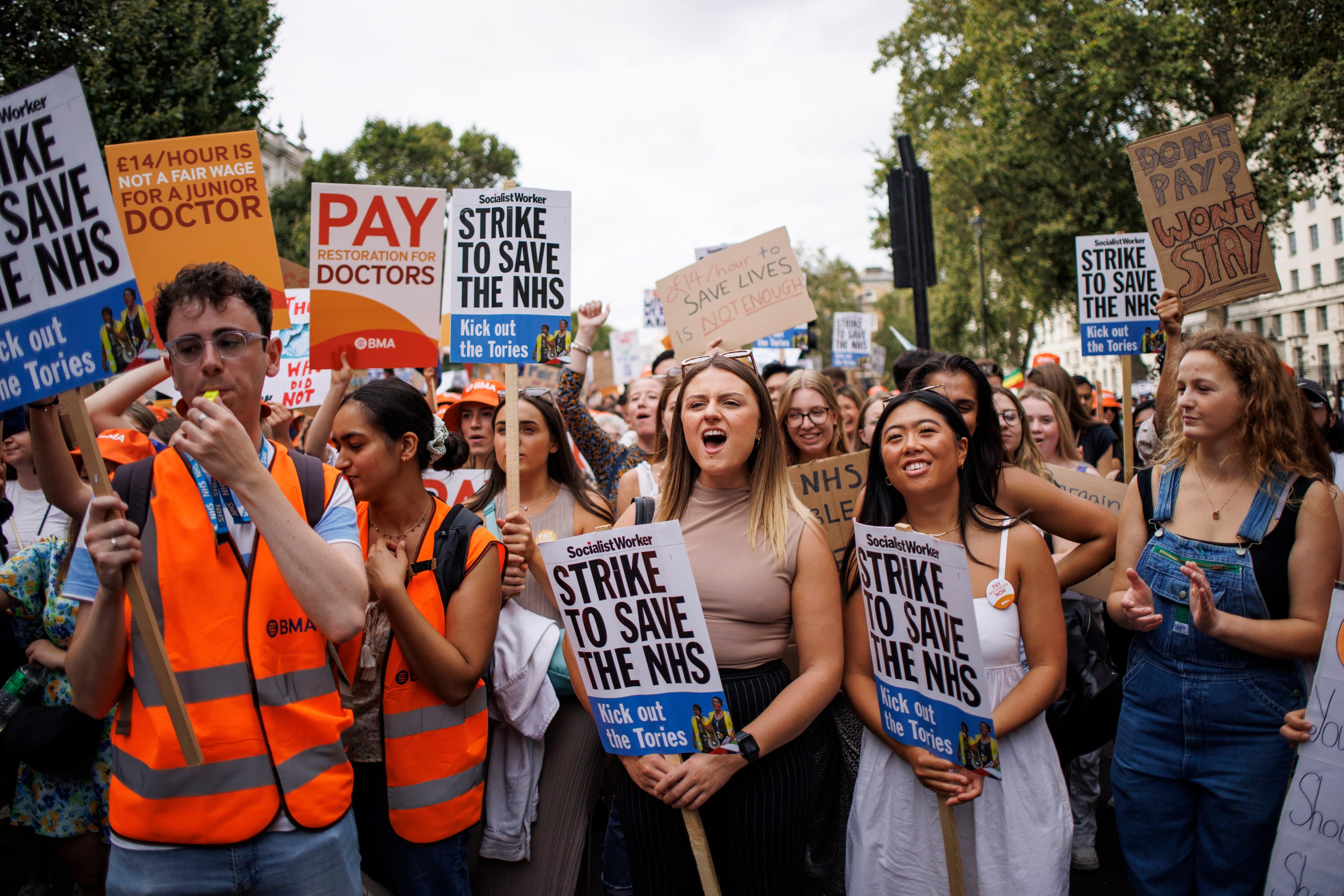 Junior doctors gather to protest outside Downing Street in London on Friday in support of a four-day strike as part of their industrial action over pay. Photo: EPA-EFE