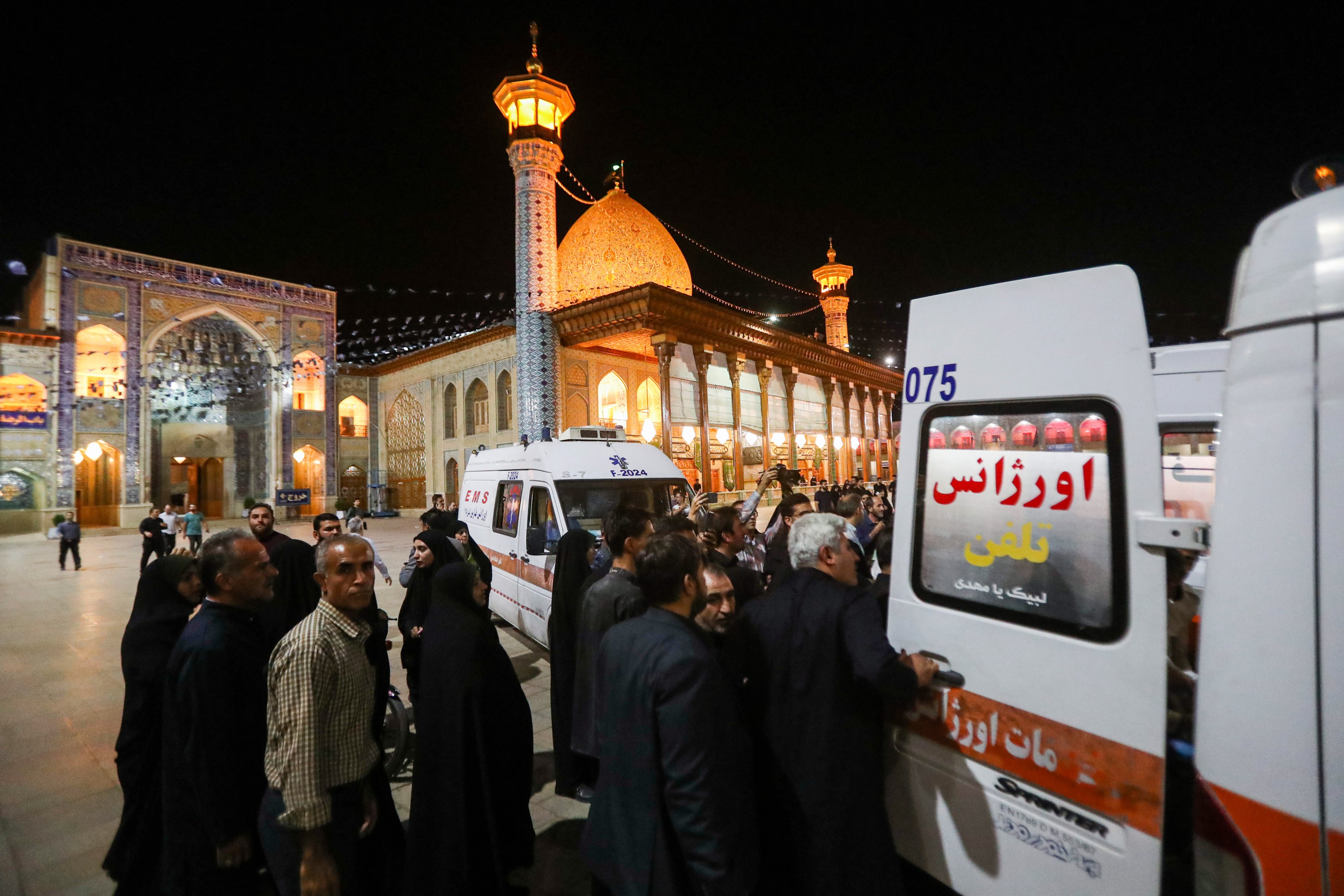 Emergency services arrive at the scene following a shooting at the Shah Cheragh shrine in Shiraz, Iran on Sunday. Photo: EPA-EFE