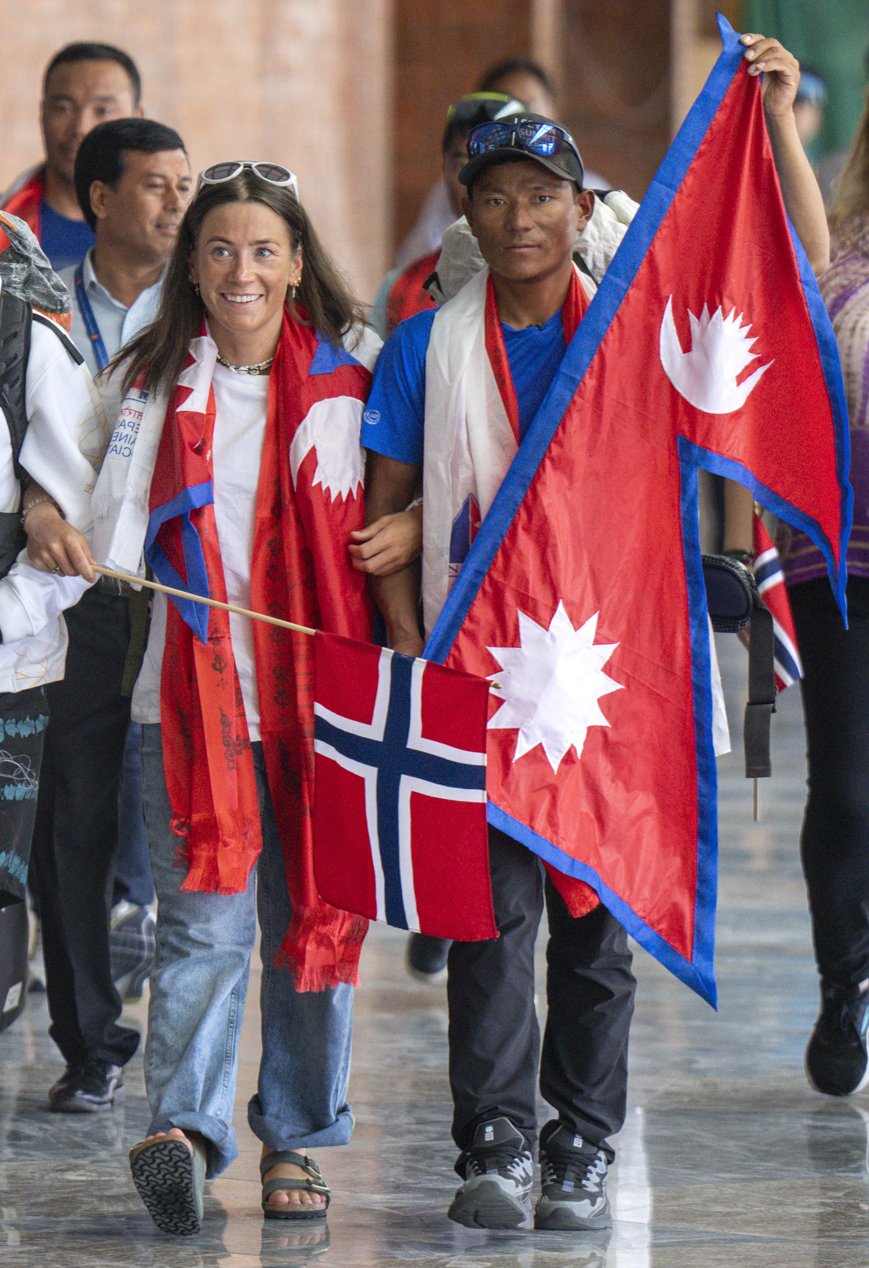 Norwegian climber Kristin Harila (left) and her Nepali guide Tenjen Sherpa, climbed the world’s 14 tallest mountains in record time. Photo: AP