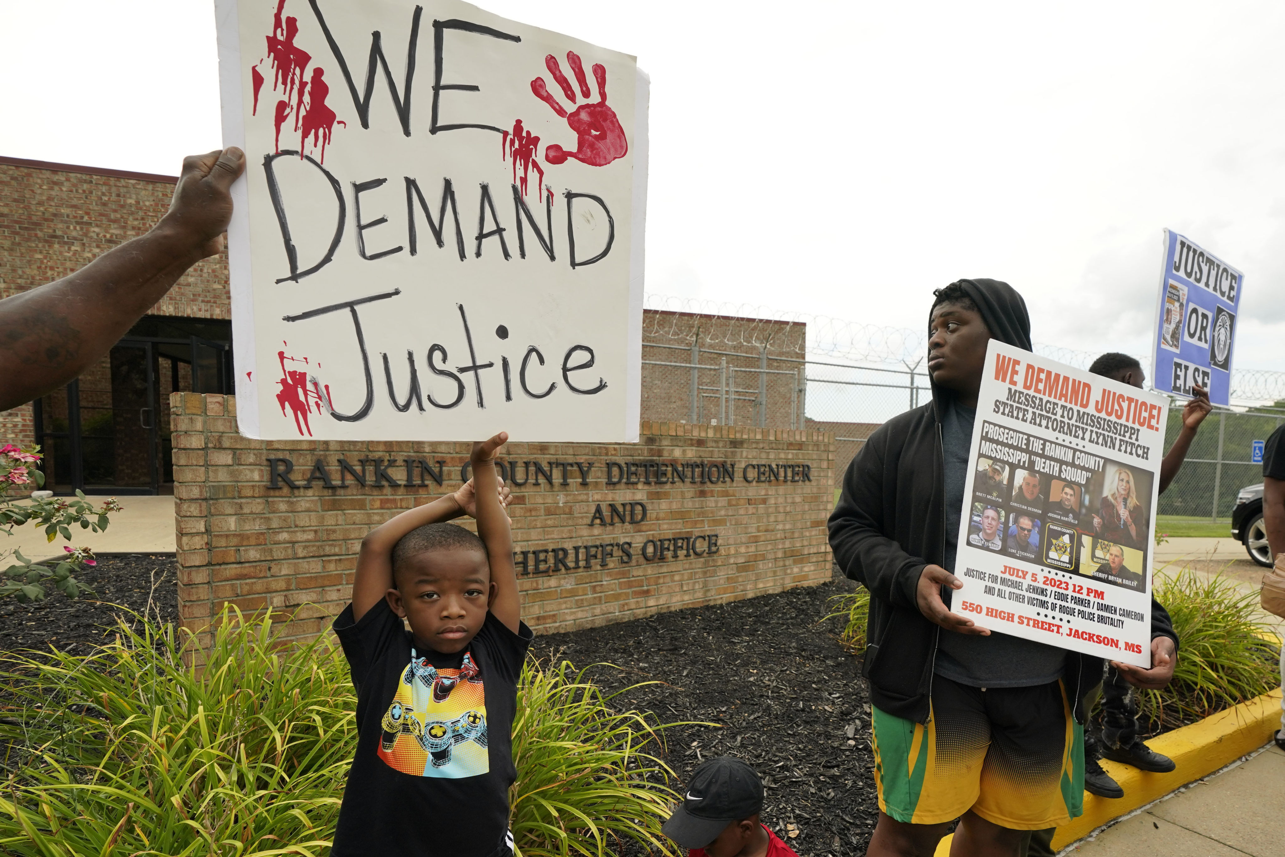 Anti-police brutality activists protest outside the Rankin County Sheriff’s Office, where the officers were based, last month. Photo: AP