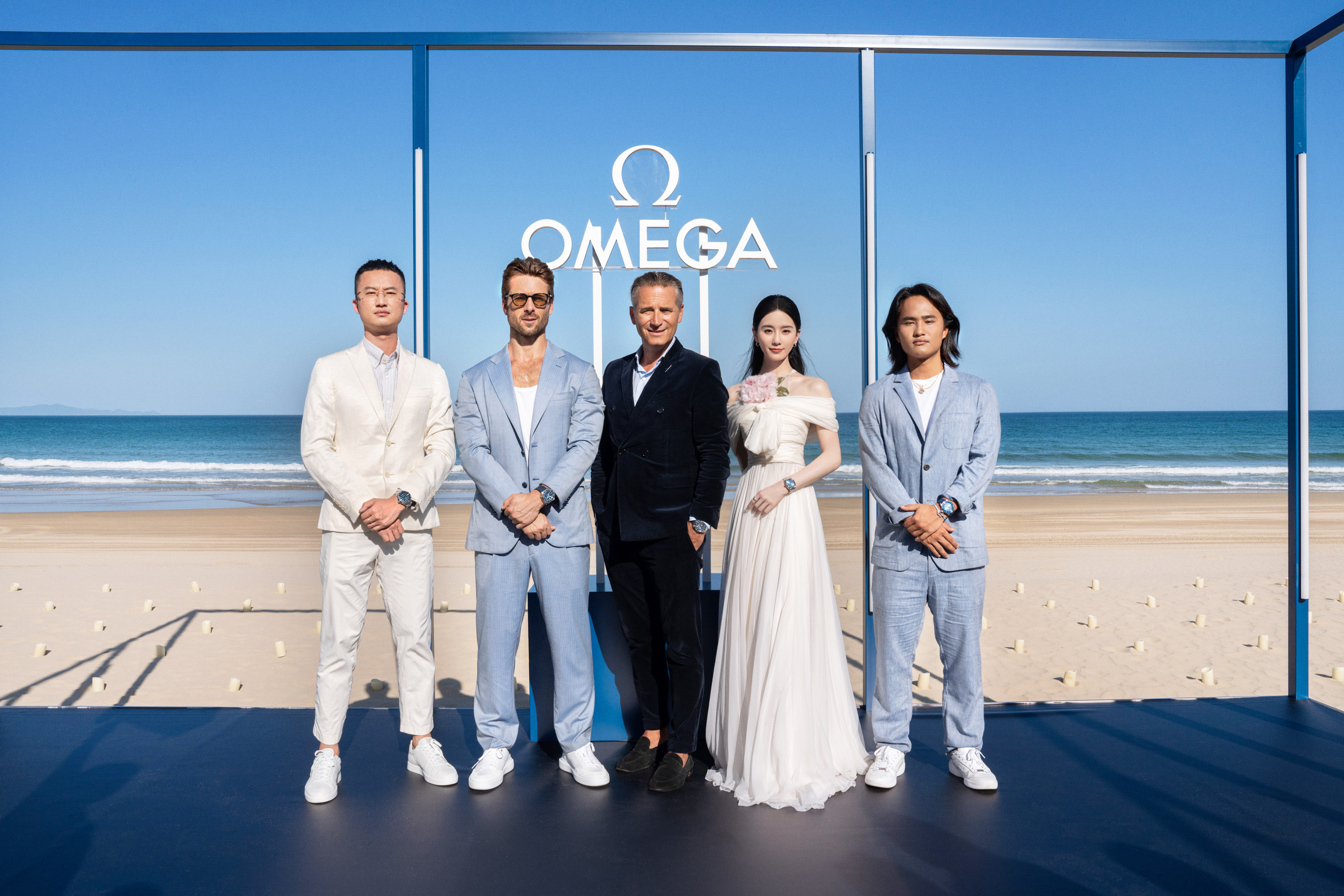 Celebrities (from left) Zhang Yi, Glen Powell, Omega CEO and president Raynald Aeschlimann, Liu Shishi and Qin Zhuo at the Omega Seamaster Summer Blue collection launch in Sanya, China. Photo: Omega