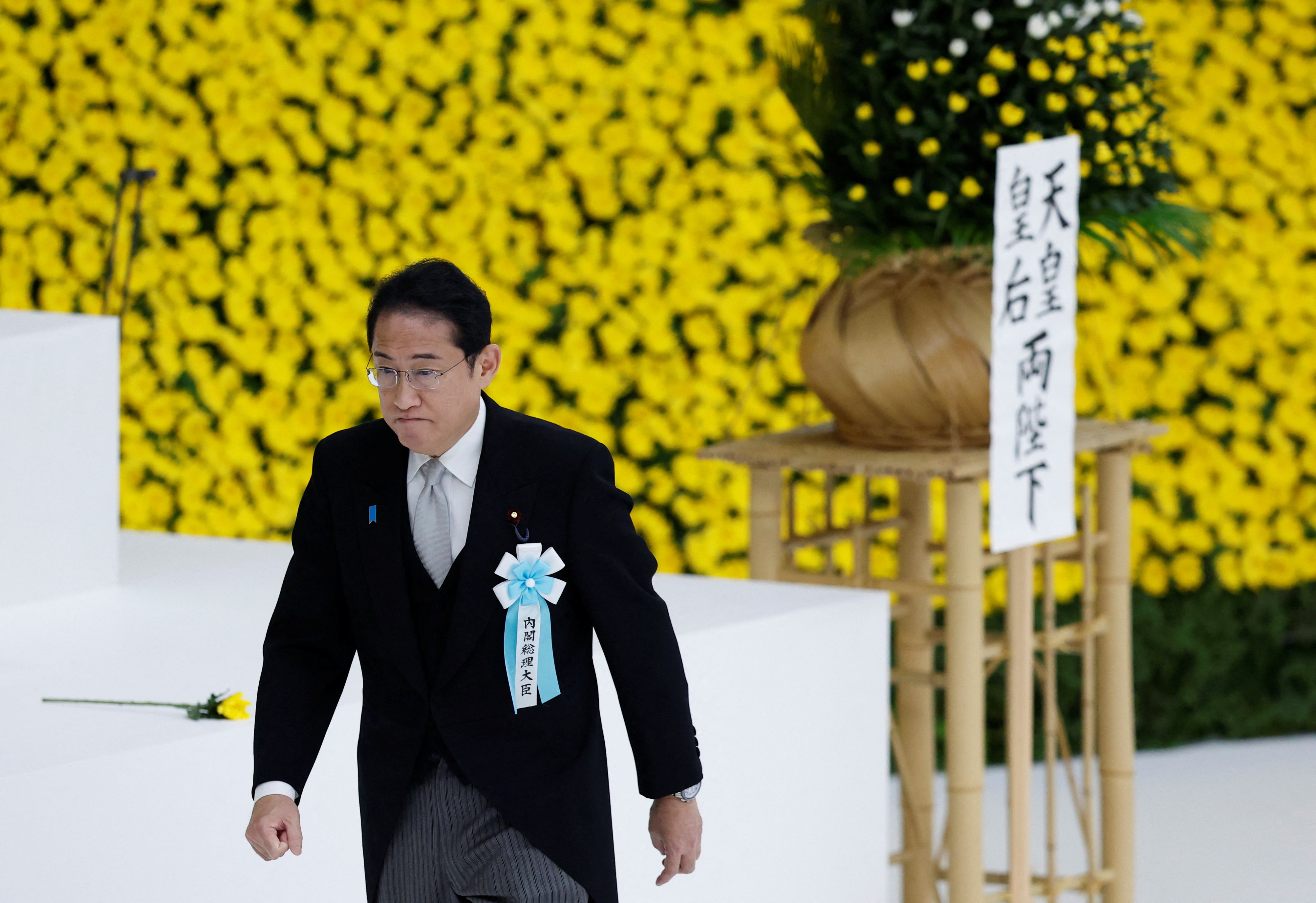 Japan’s PM Fumio Kishida at a memorial service marking the 78th anniversary of Japan’s surrender in WWII. Photo: Reuters