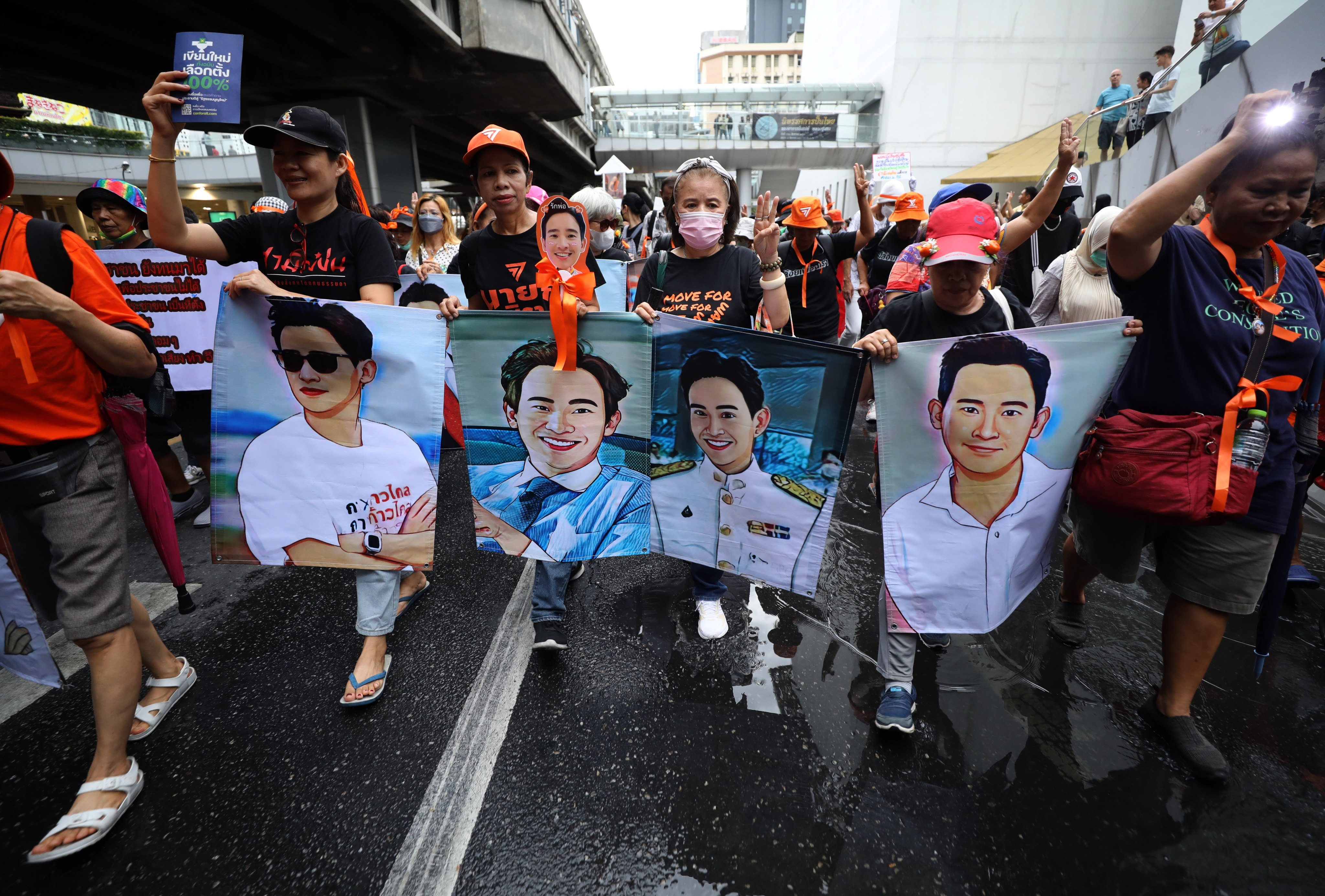 Supporters of Move Forward and its leader Pita Limjaroenrat protest against Thailand’s political deadlock in Bangkok on Monday. Photo: EPA-EFE