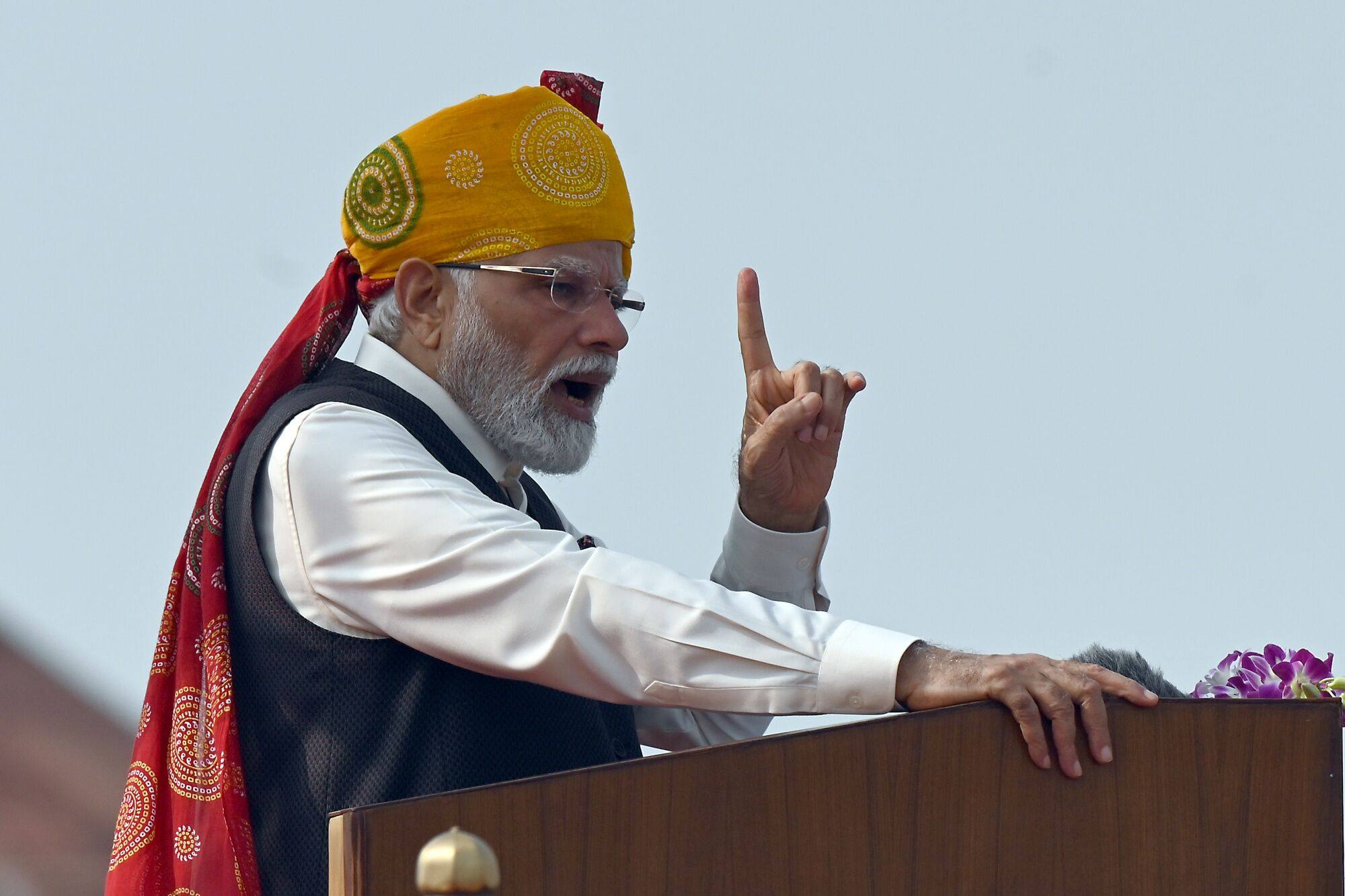 Indian Prime Minister Narendra Modi speaks during the nation’s Independence Day ceremony at New Delhi’s Red Fort on Tuesday. Photo: Bloomberg