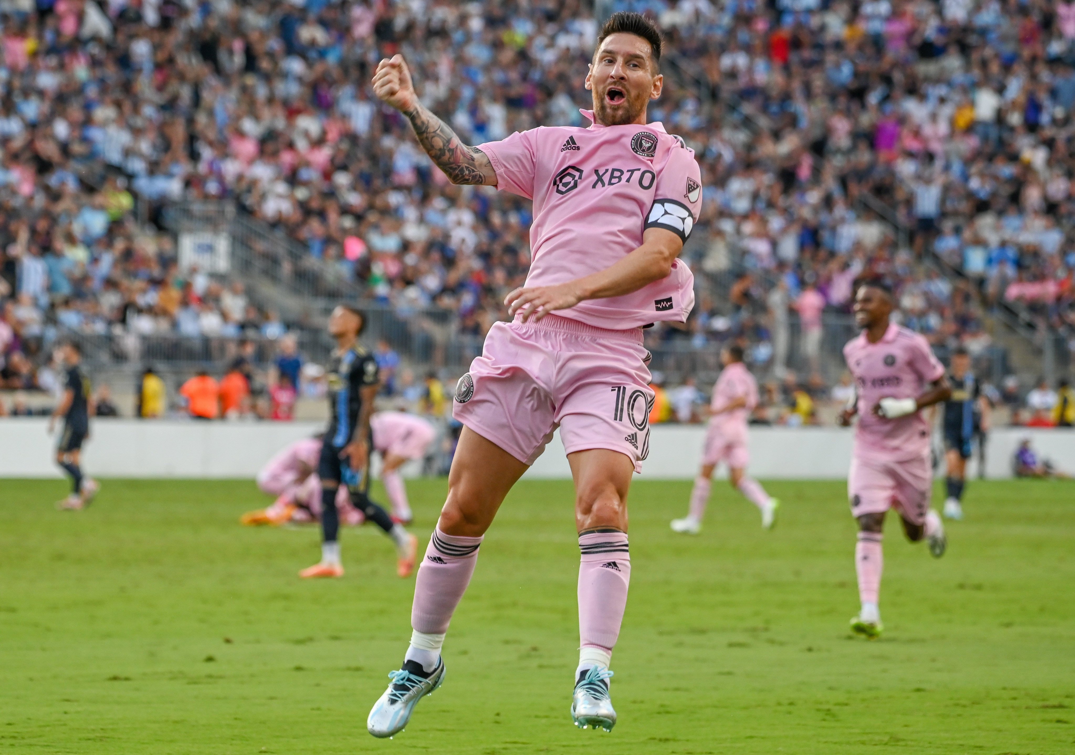 Miami’s Lionel Messi celebrates scoring his second goal of the game. Photo: dpa