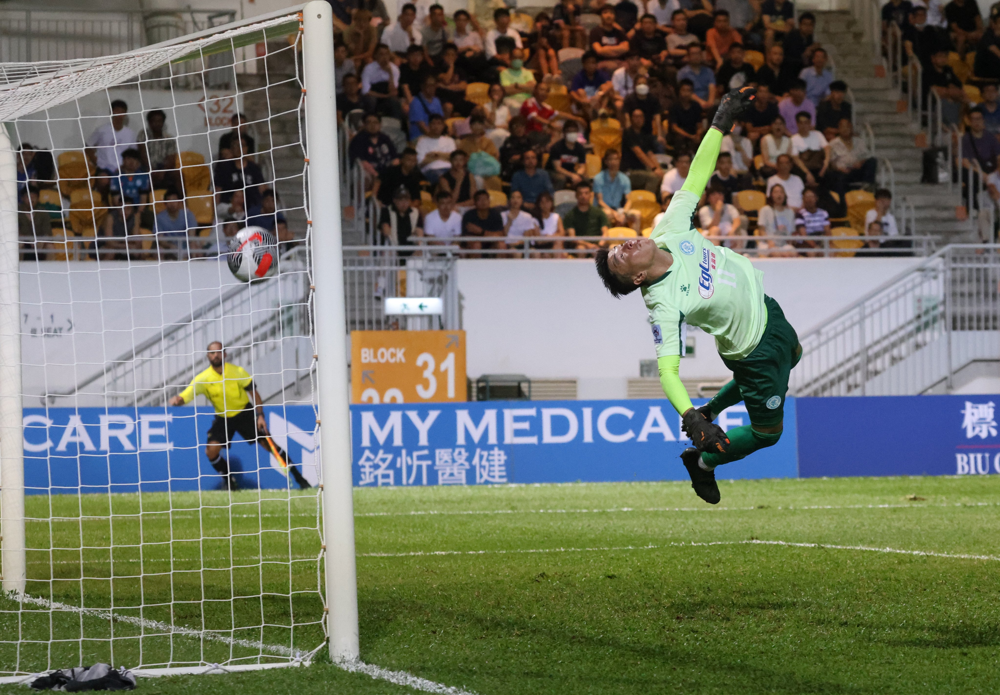 HK Rangers goalkeeper Leung Hing-kit questioned the decision to award Haiphong a late penalty, which led to their equaliser. Photo: Yik Yeung-man