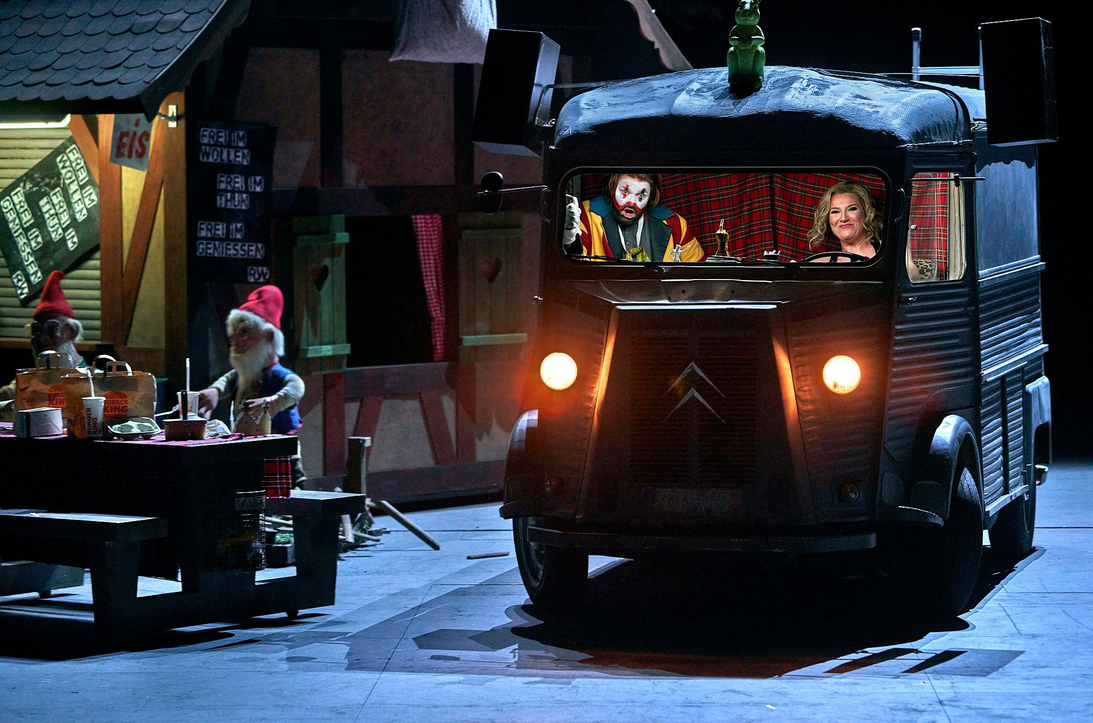 Tenor Klaus Florian Vogt and mezzo-soprano Ekaterina Gubanova, driving a Citroen van, in rehearsal for a 2023 revival of Tobias Kratzer’s production of Wagner’s “Tannhäuser” at the Bayreuth Festival in Germany. Photo: Enrico Nawrath/Bayreuth Festival via AP