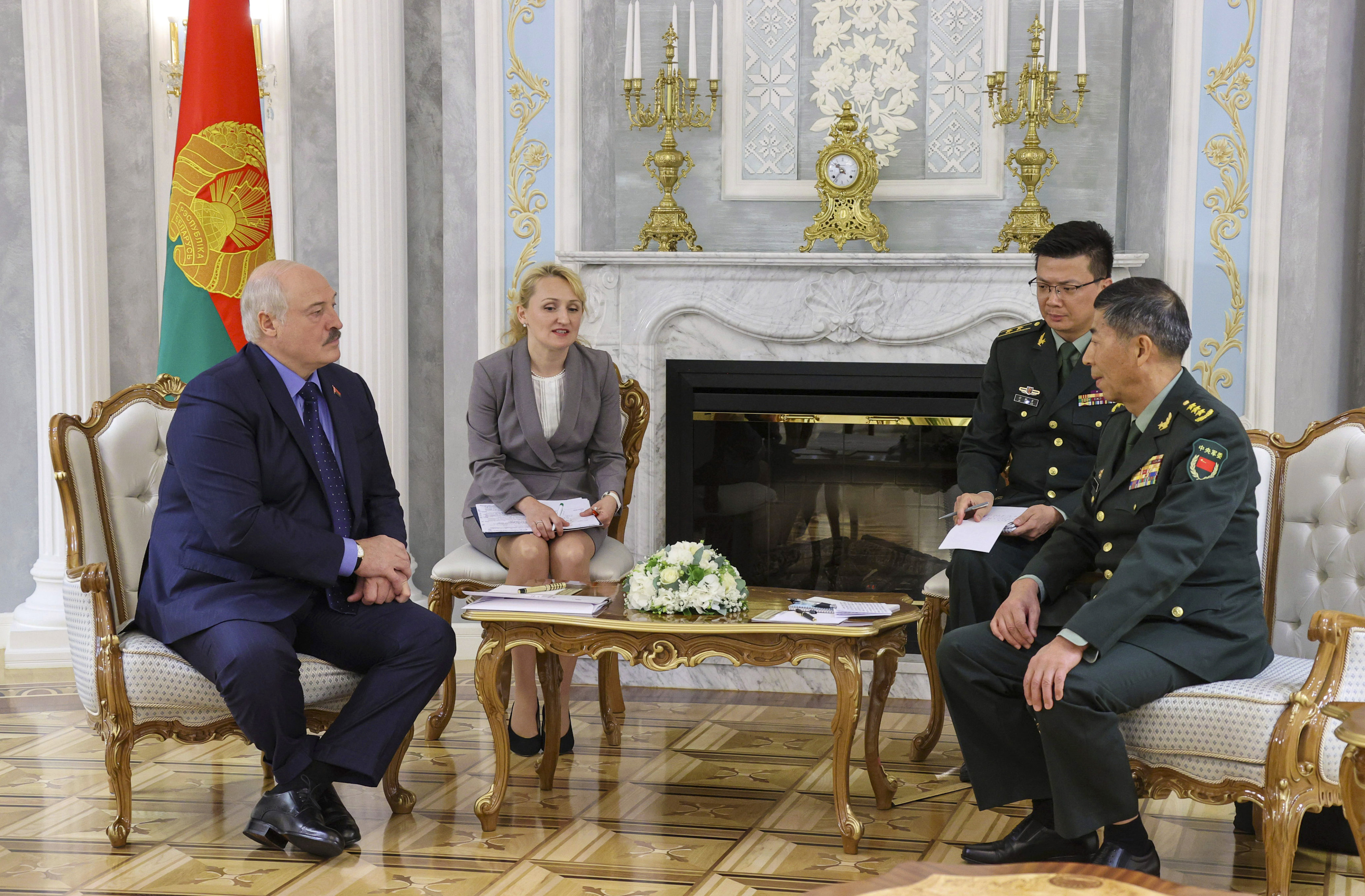 Belarusian President Alexander Lukashenko (left) and Chinese Defence Minister Li Shangfu hold talks in in Minsk, Belarus, on Thursday. Photo: Belarusian Presidential Press Office via AP