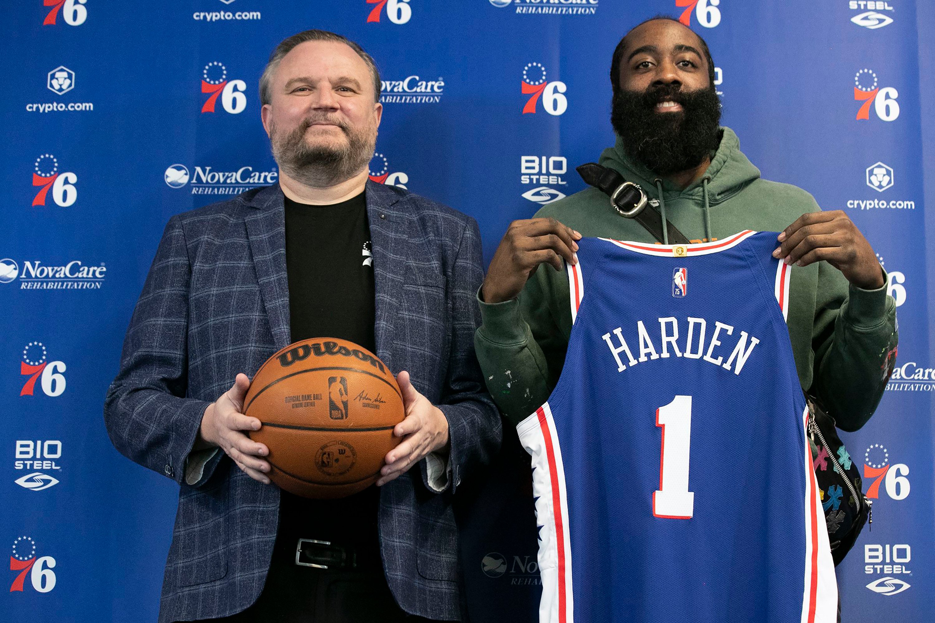 In happier times, team president Daryl Morey poses with newly acquired Philadelphia 76ers guard James Harden. Photo: TNS