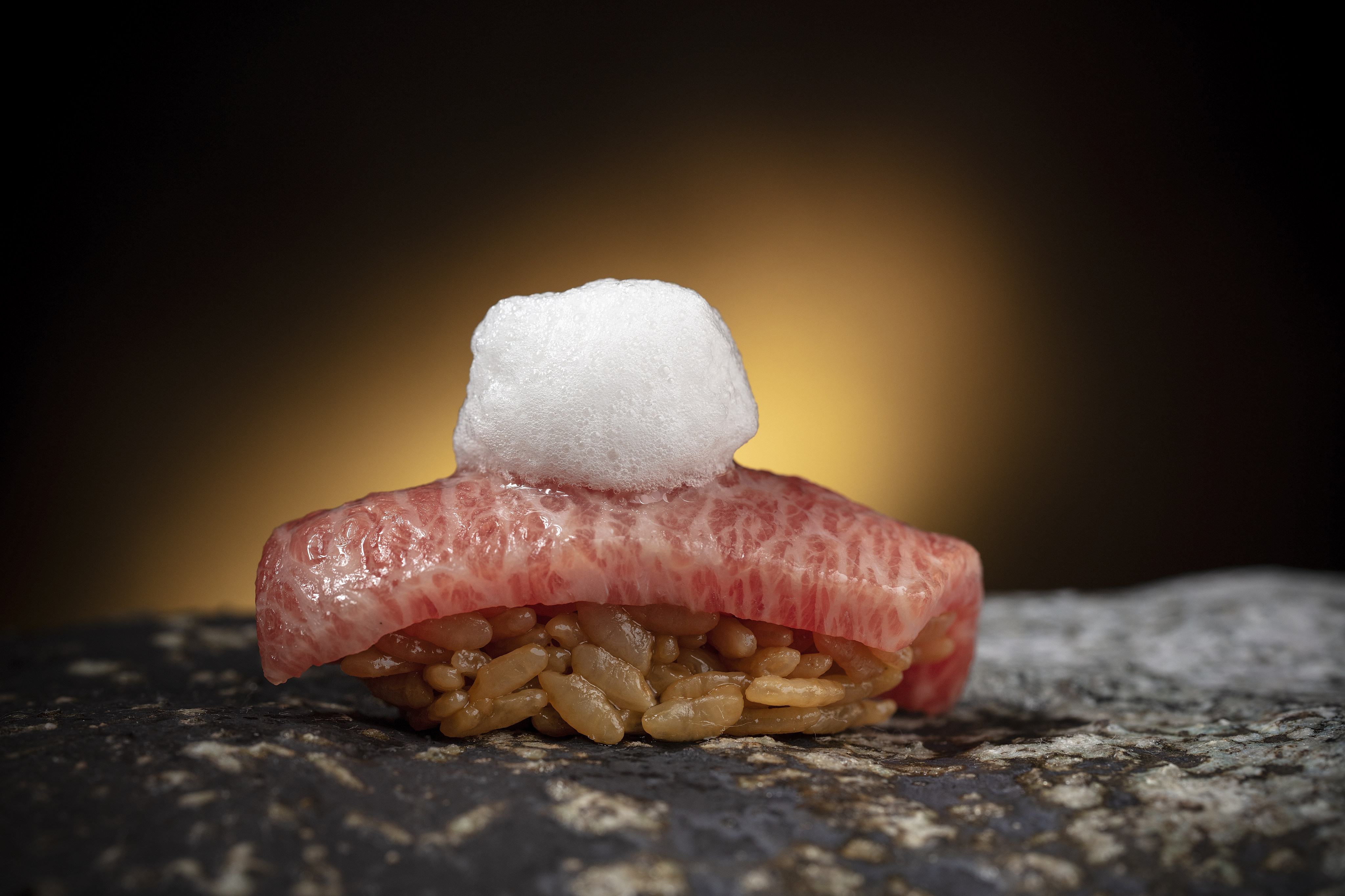 Fatty Tuna Marinated by Tuna Bone, Soy Sauce & Bone Marrow Mousse by Chef Mori Tomoaki from Sushi Mori Tomoaki.