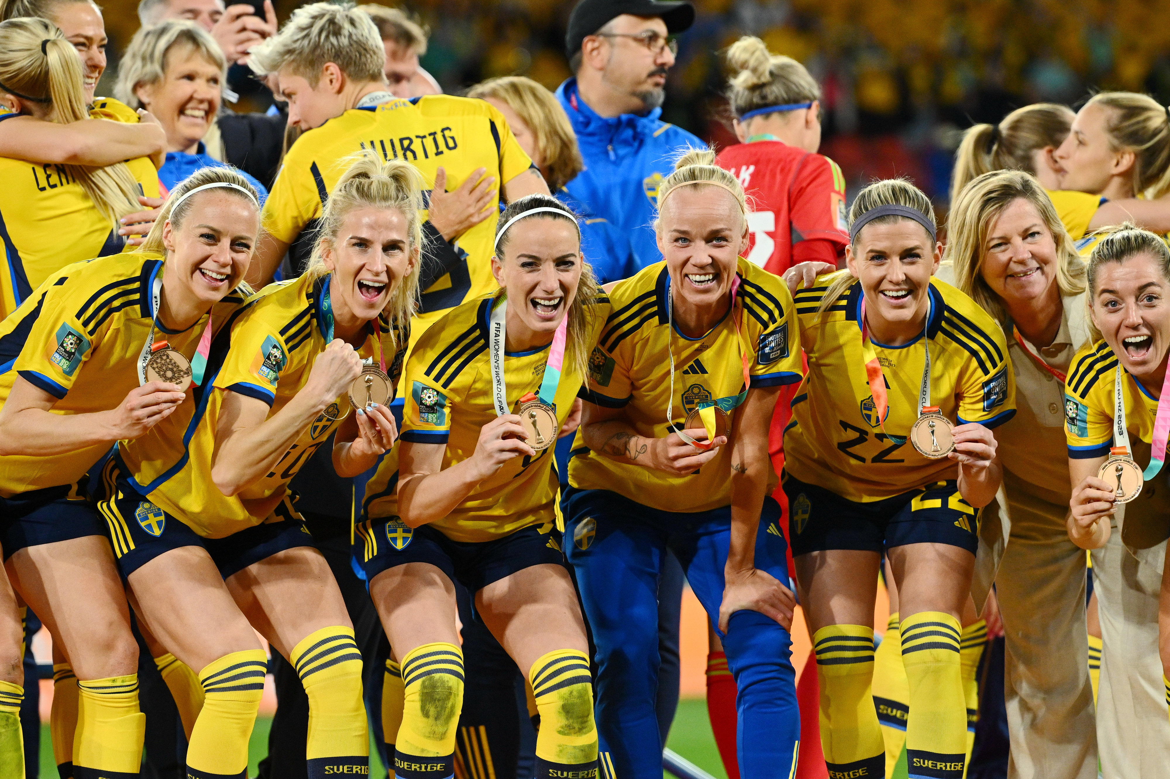Sweden’s players celebrate during the awarding ceremony of the third place play-off at the 2023 FIFA Women’s World Cup in Brisbane, Australia on August 19, 2023. Photo: Xinhua