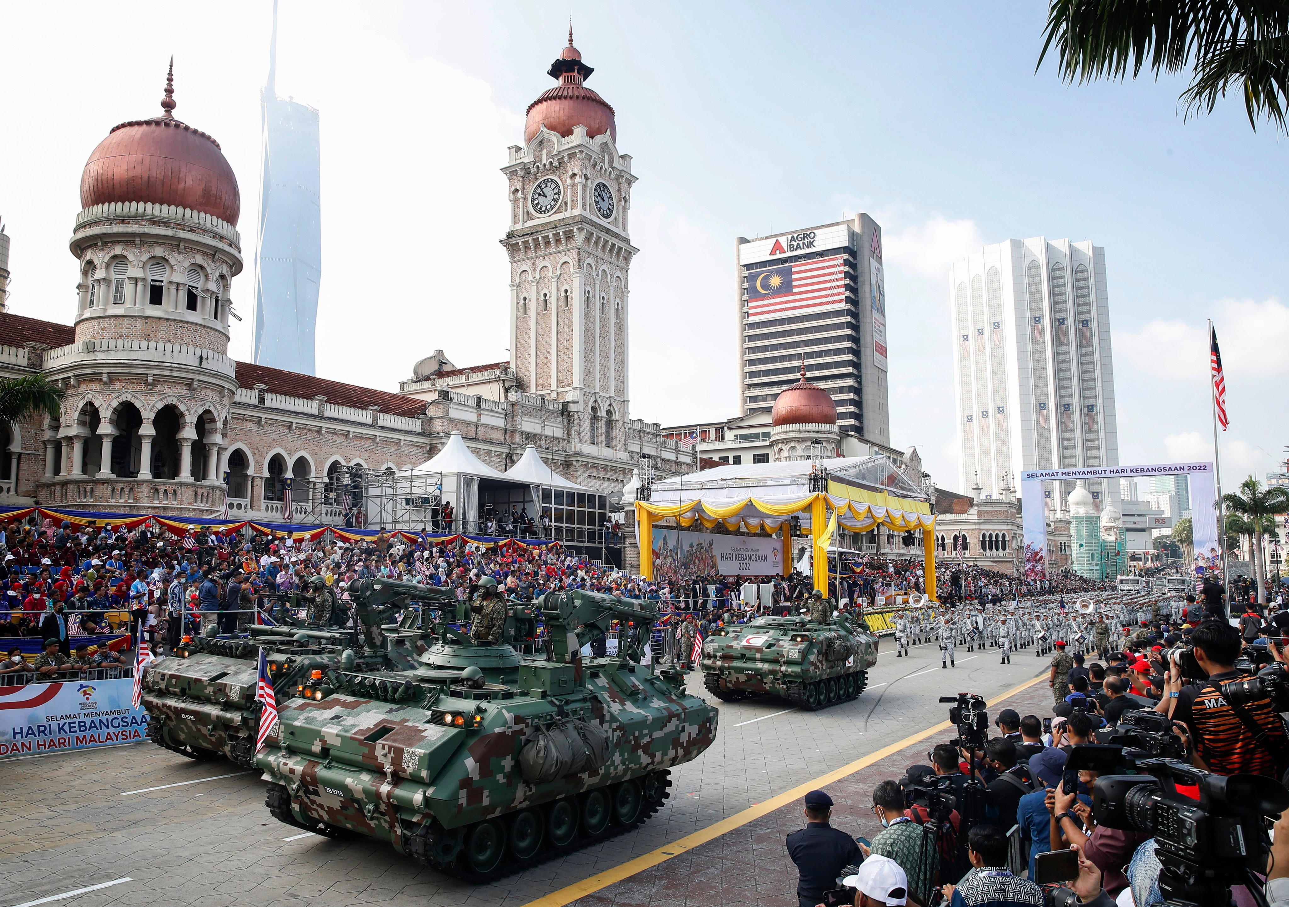 Malaysian Armed Forces personnel take part in the National Day parade at Independence Square in Kuala Lumpur on August 31, 2022. The event marks West Malaysia’s independence from Britain in 1957. Six years later East Malaysia and Singapore joined it in federation, only for the latter to go it alone in 1965. Photo: Getty Images