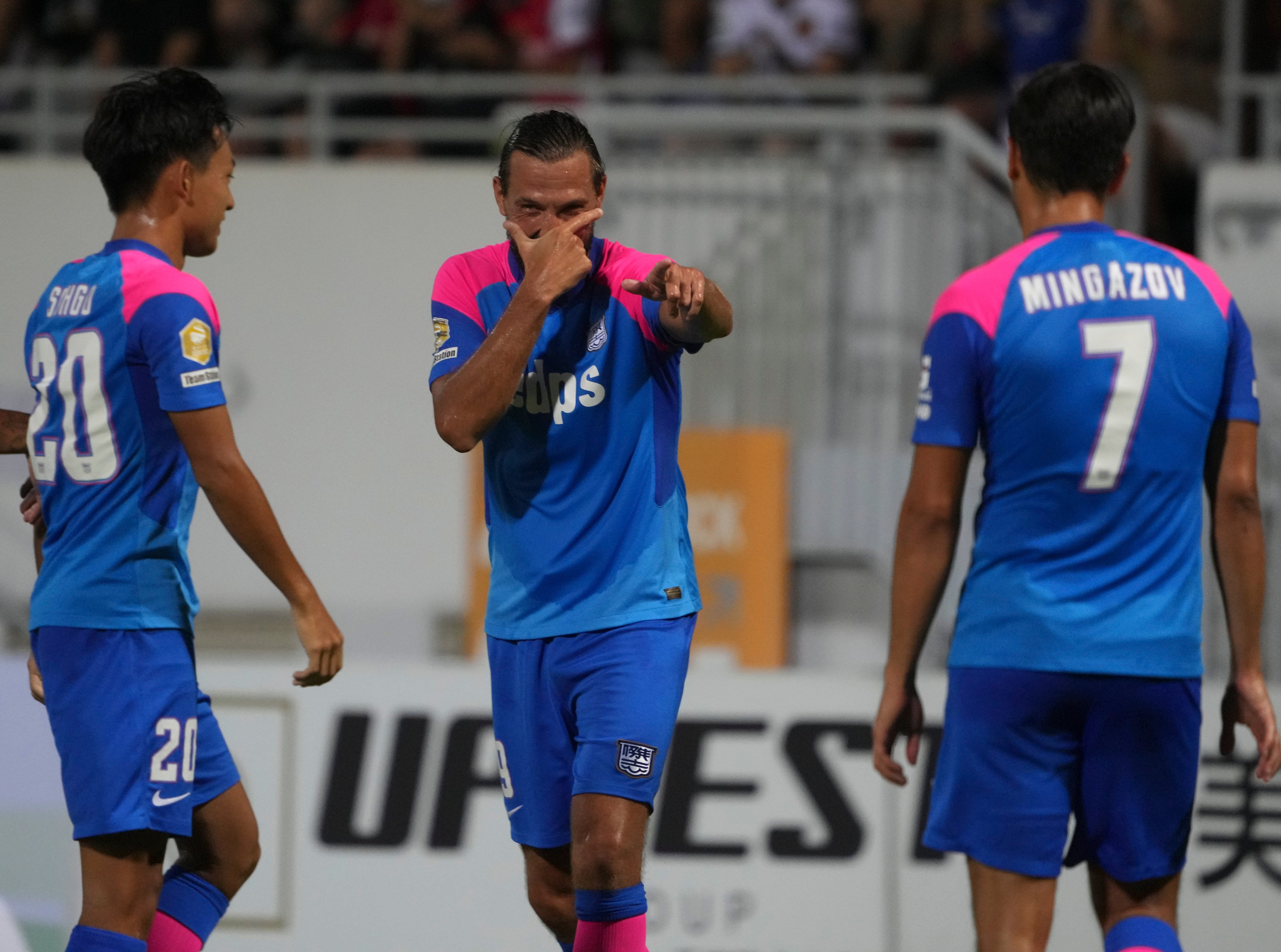 Kitchee’s Dejan Damjanovic celebrates after scoring a goal during the match against Eastern in the Sapling Cup at Mong Kok Stadium. Photo: Sam Tsang