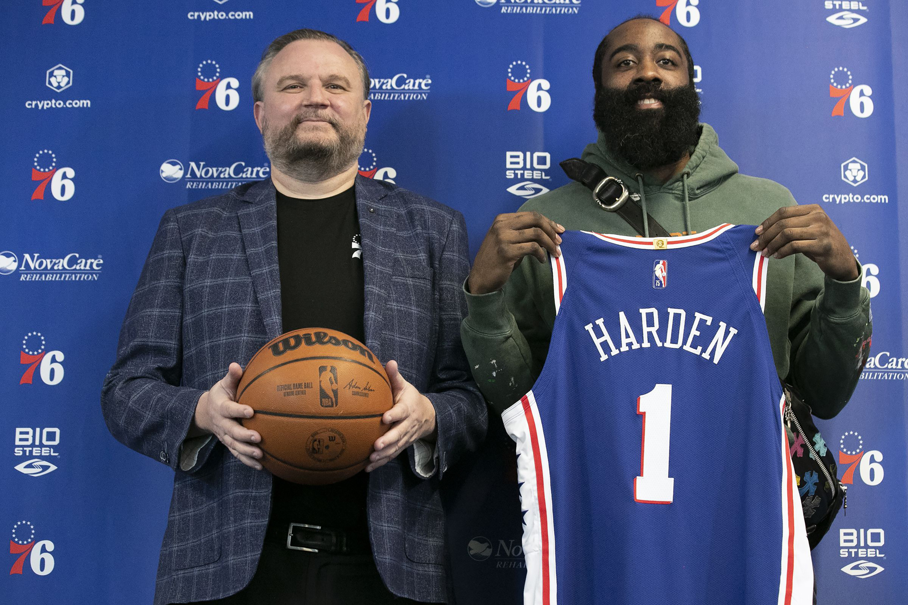In happier times, team president Daryl Morey poses with newly acquired Philadelphia 76ers guard James Harden. Photo: TNS