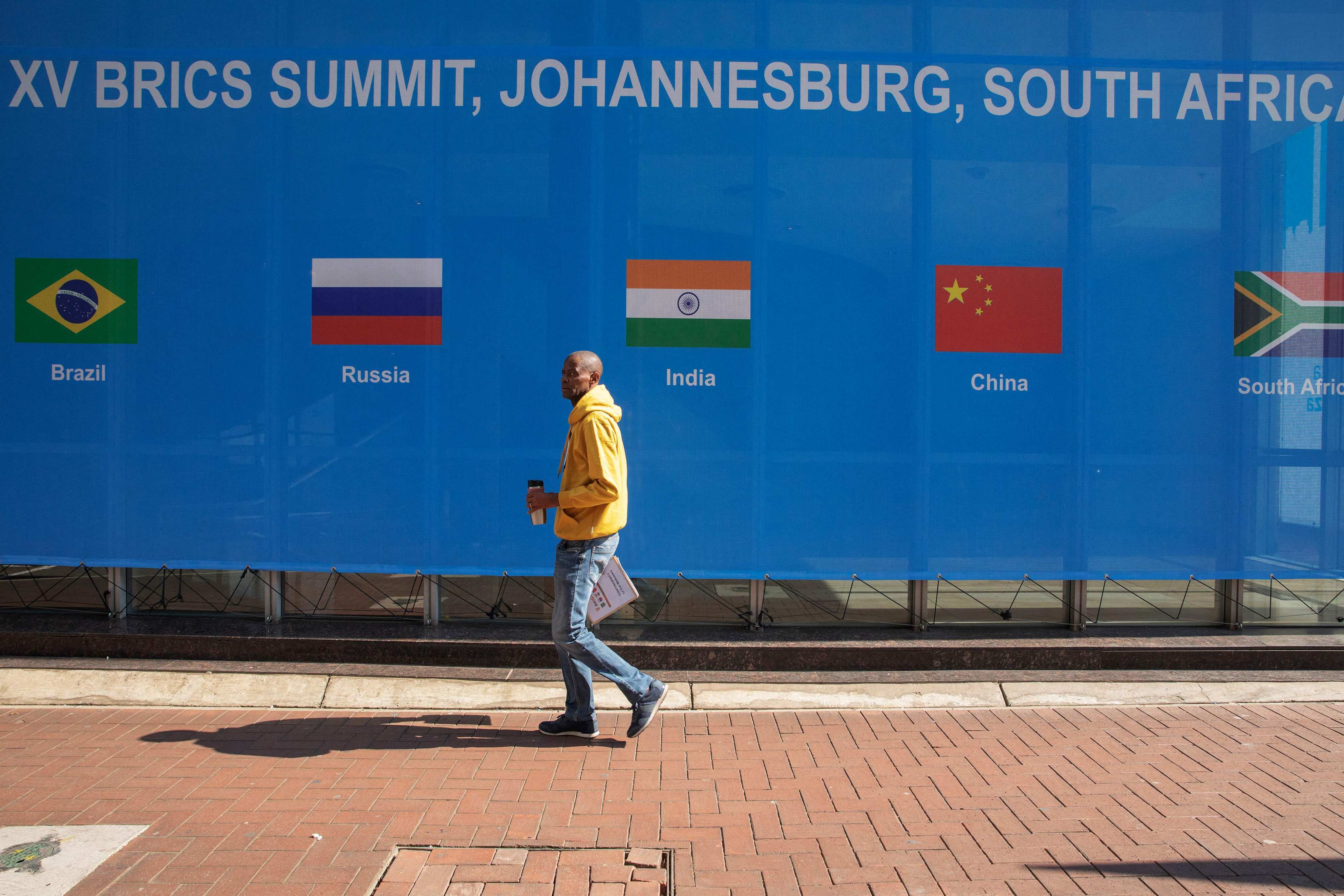A banner outside the venue for the 2023 BRICS Summit in, Johannesburg, South Africa. Photo: AFP 