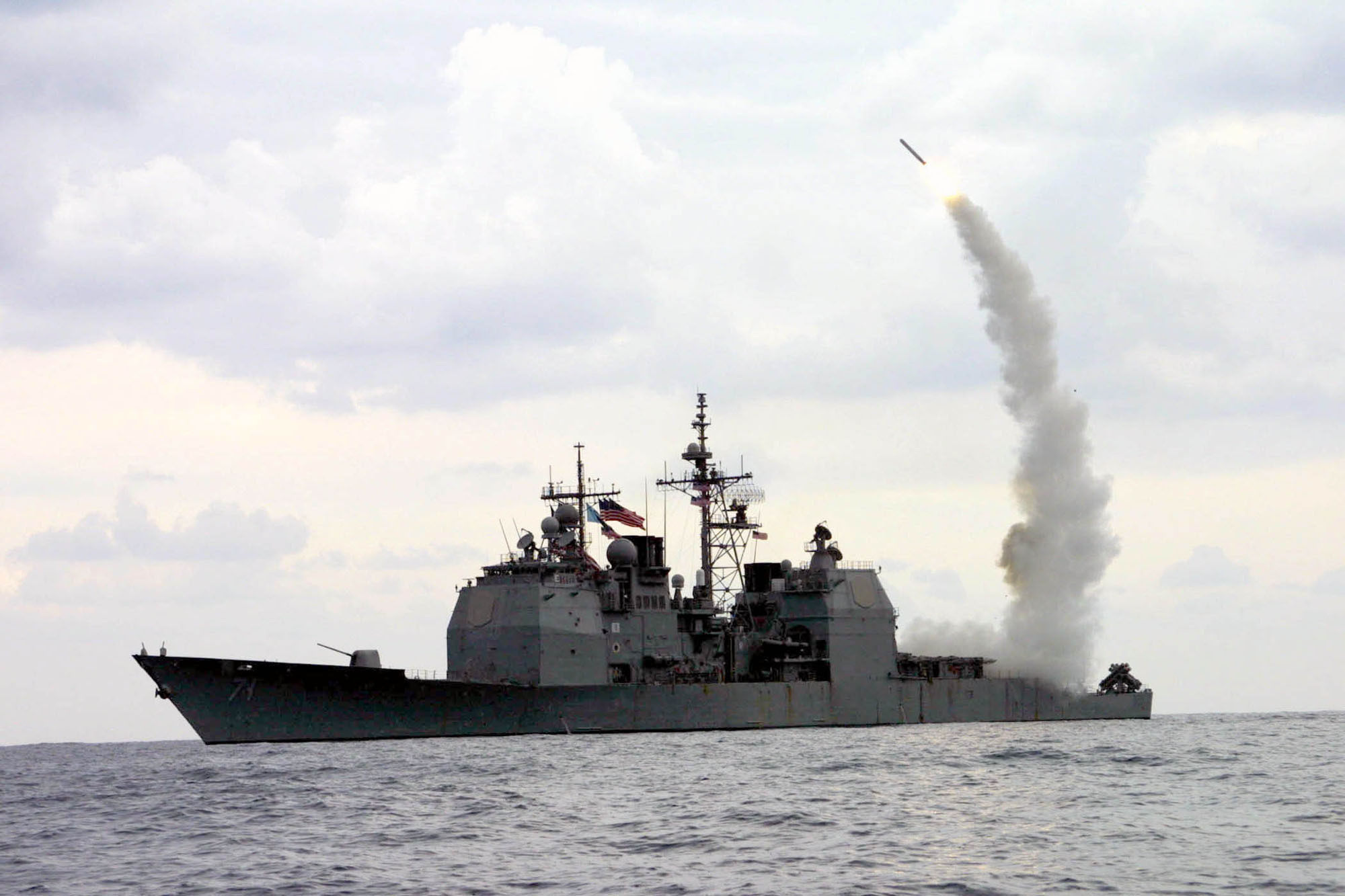 A Tomahawk Land Attack Missile launches from a guided missile cruiser in operation in the Mediterranean Sea. File photo: US Navy via AP