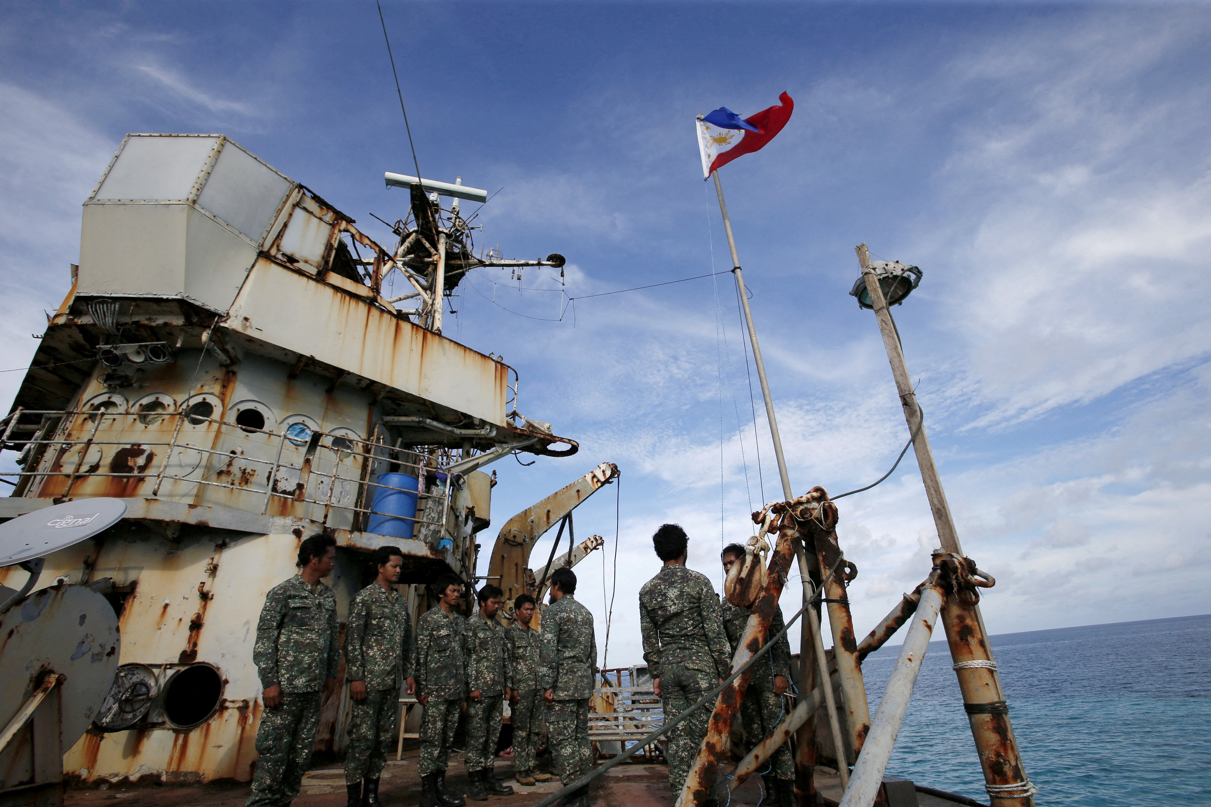Philippine Marines on the BRP Sierra Madre, a dilapidated Navy ship that has been aground since 1999 and became a military detachment on the disputed Second Thomas Shoal, part of the Spratly Islands, in the South China Sea March. Photo: Reuters