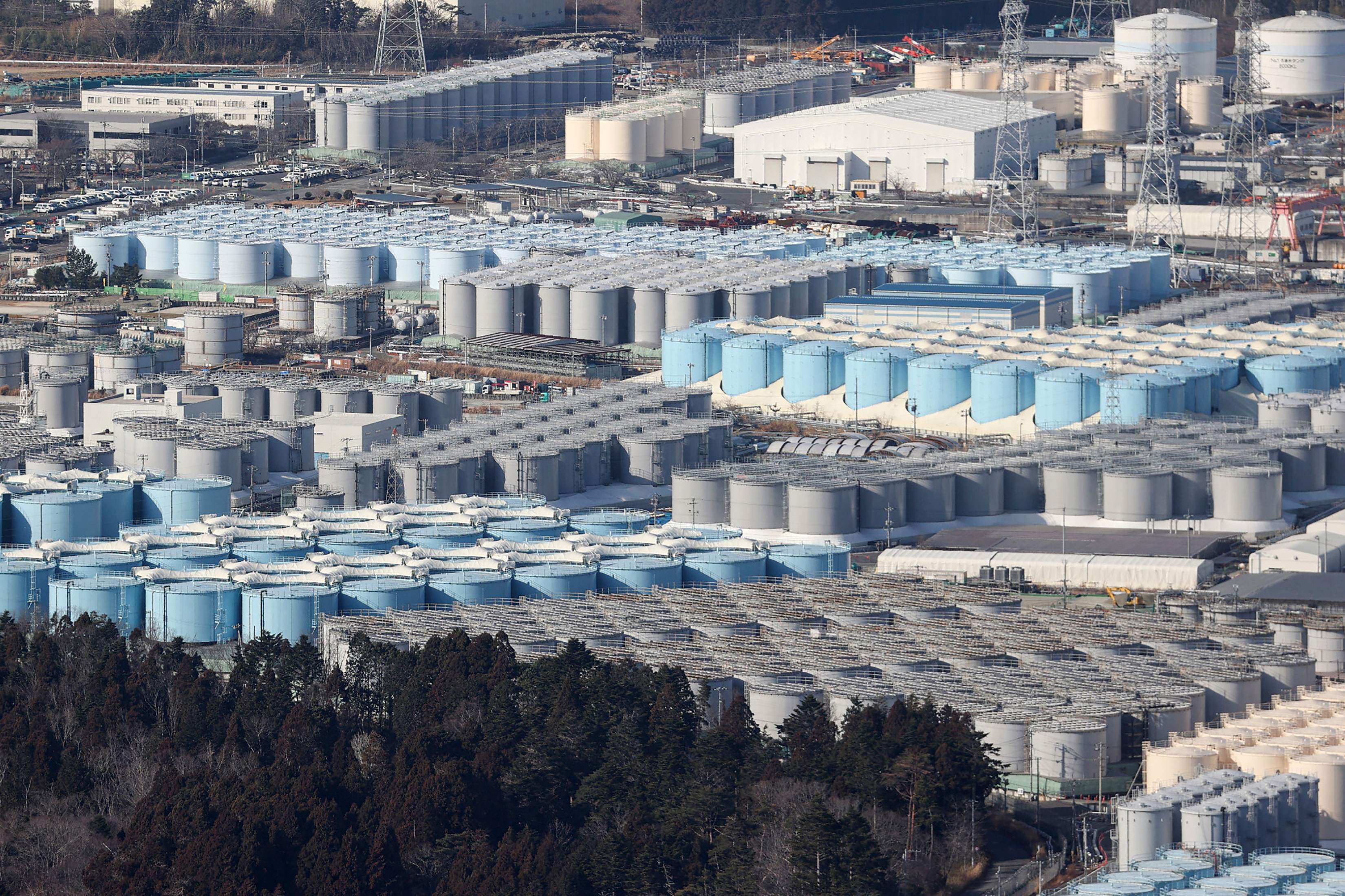 An aerial view of storage tanks used to hold treated waste water from Japan’s crippled Fukushima Daiichi Nuclear Power Plant in Okuma, Fukushima prefecture. Photo: Jiji Press/AFP