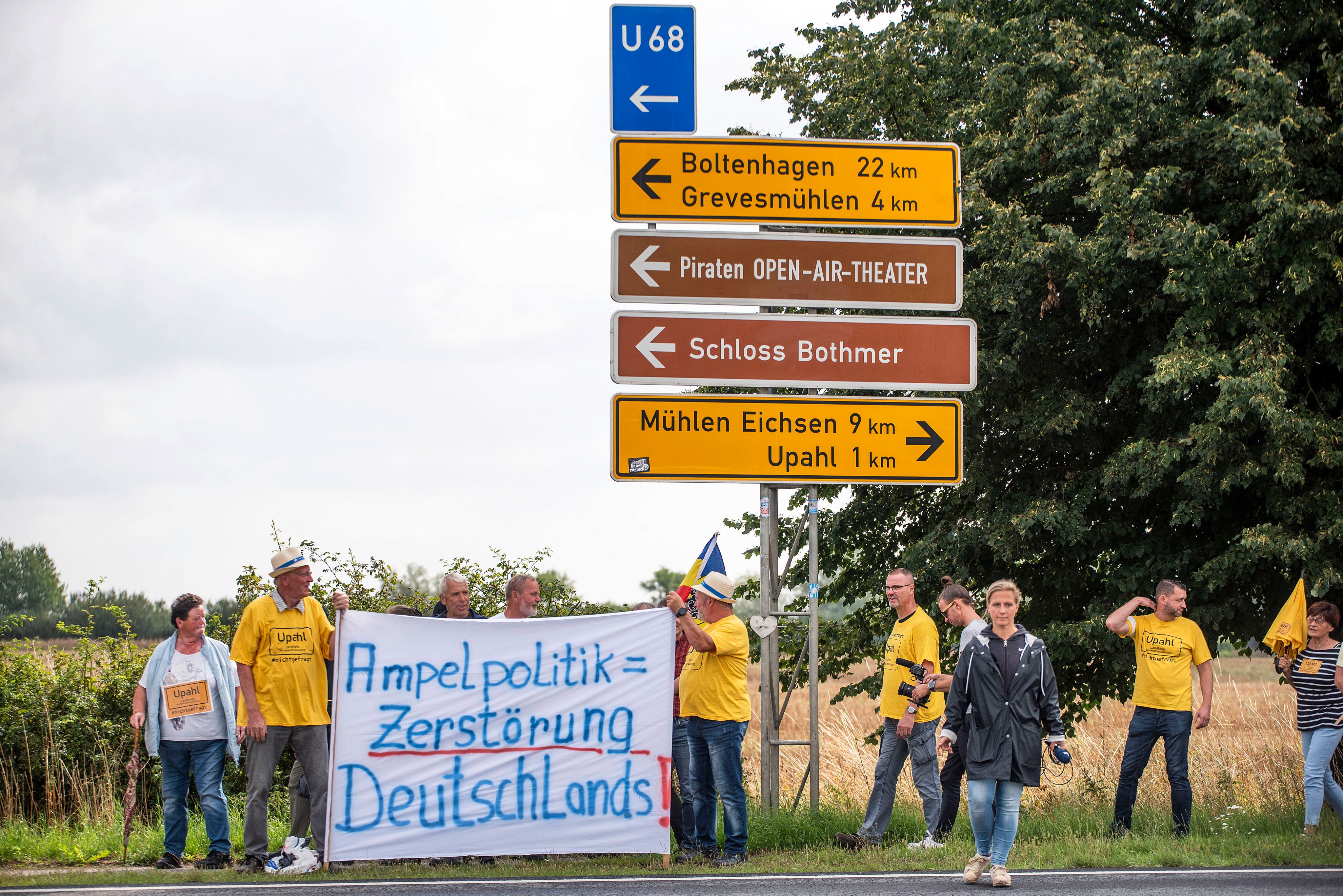 People gather for a protest march against the construction of a refugee shelter in Upahl, Germany, on July 29. The anti-immigrant sentiment in Germany is a marked change from 2016, when the country welcomed more than a million refugees fleeing the war in Syria and other conflicts. Photo: DPA