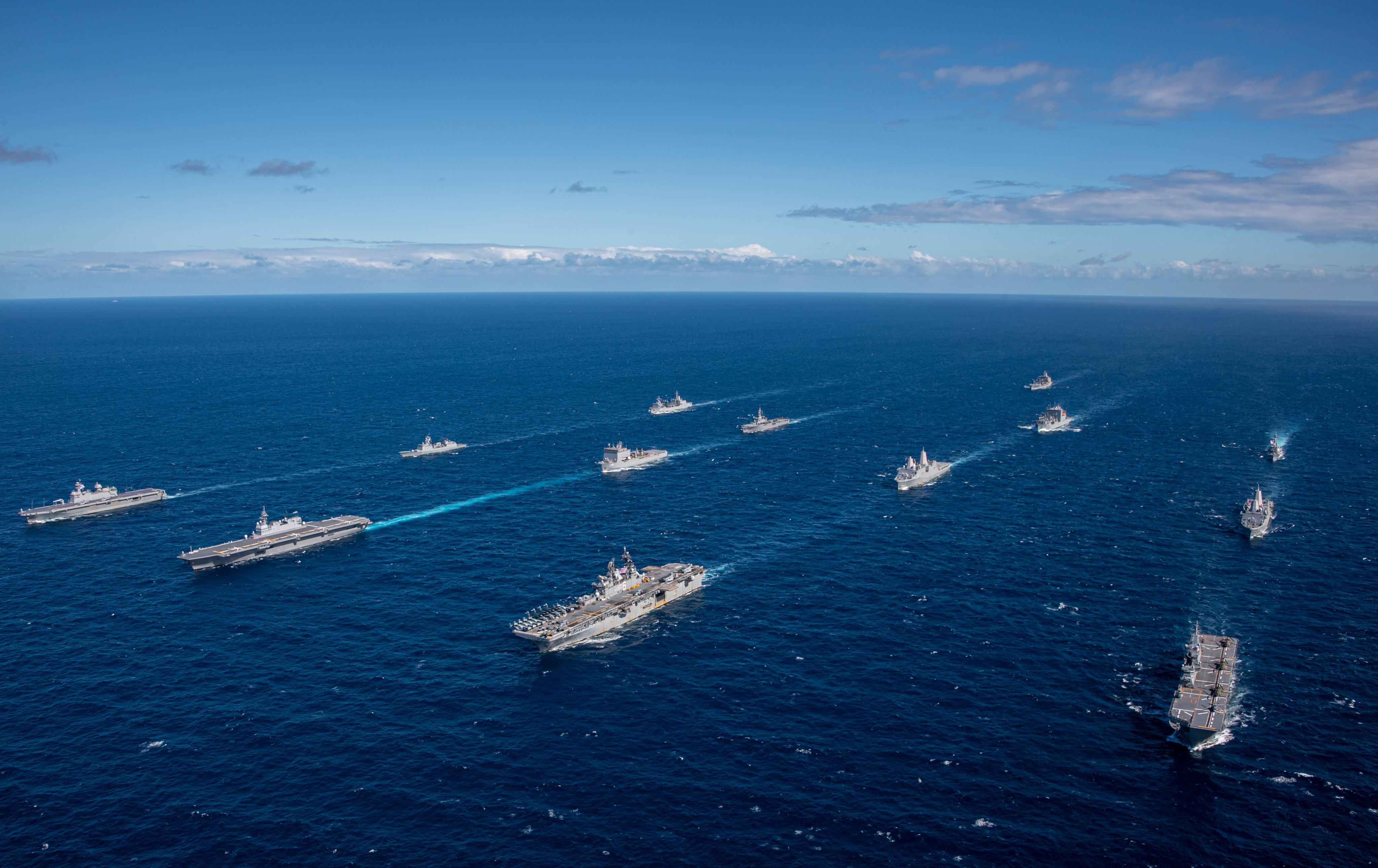 US, Australian, Japanese and South Korean warships take part in joint drills in the Pacific Ocean last month. Analysts say this week’s US-Japan-Australia exercises off the Philippines are a result of “China’s bad behaviour at sea”. Photo: US Navy/Handout