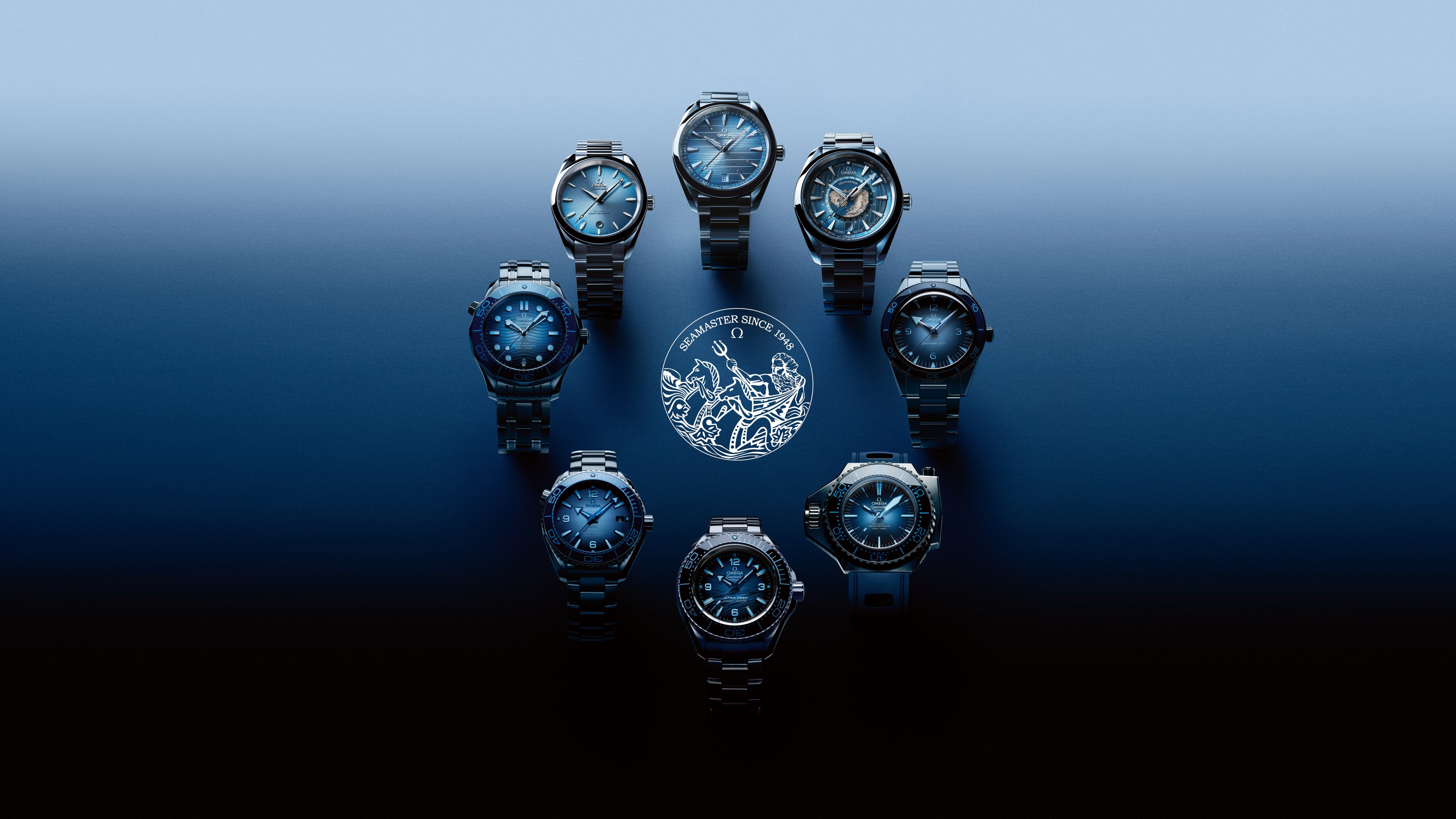The new models in the 2023 Omega Seamaster family feature a darkening version of the collection’s Summer Blue colour scheme to mimic the effect of depth. Photo: Handout