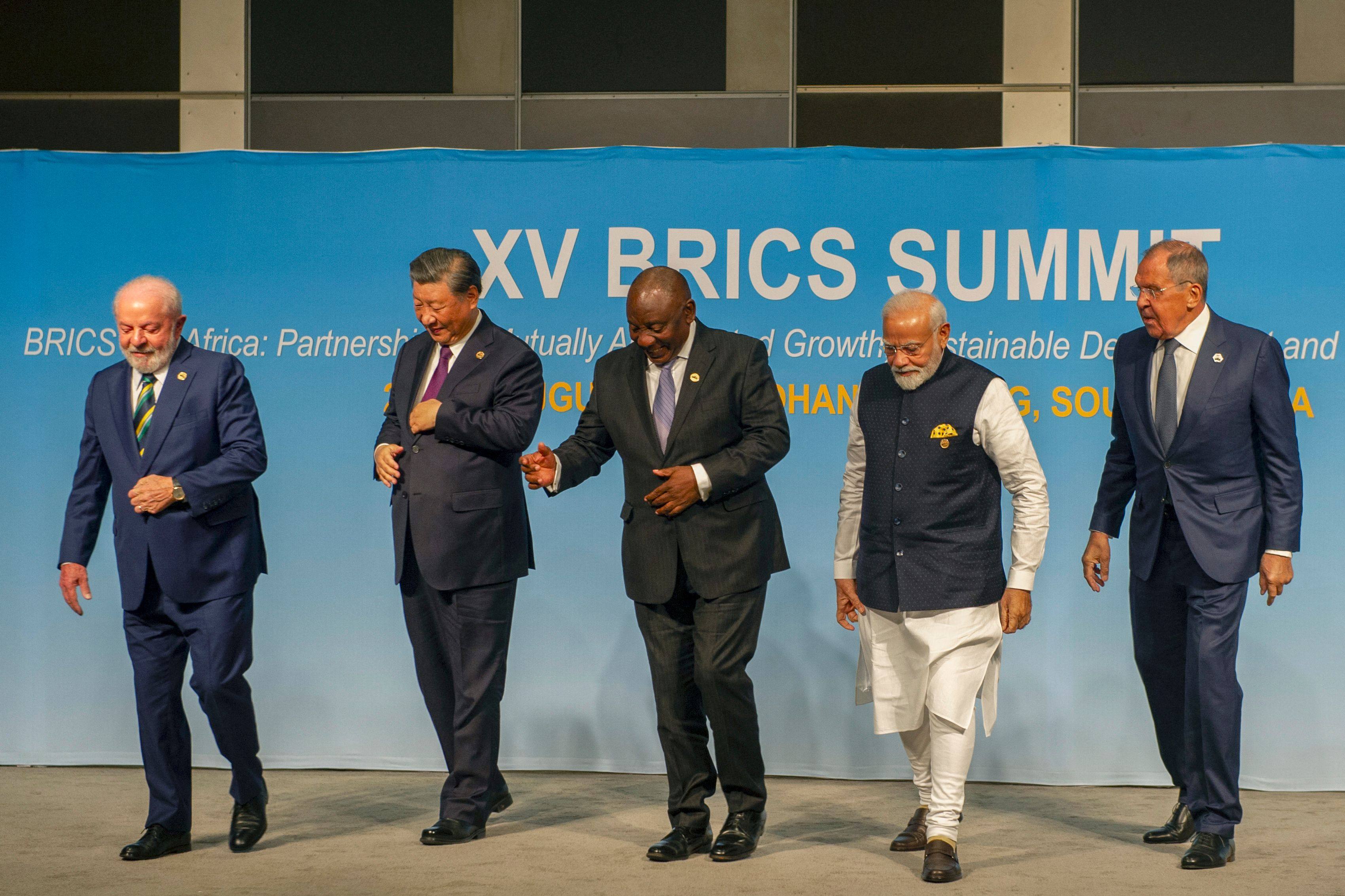 From left, Brazilian President Luiz Inacio Lula da Silva, Chinese leader Xi Jinping, South African President Cyril Ramaphosa, Indian Prime Minister Narendra Modi and Russian Foreign Minister Sergei Lavrov at seen at a group photo at the Brics summit. Photo: AFP