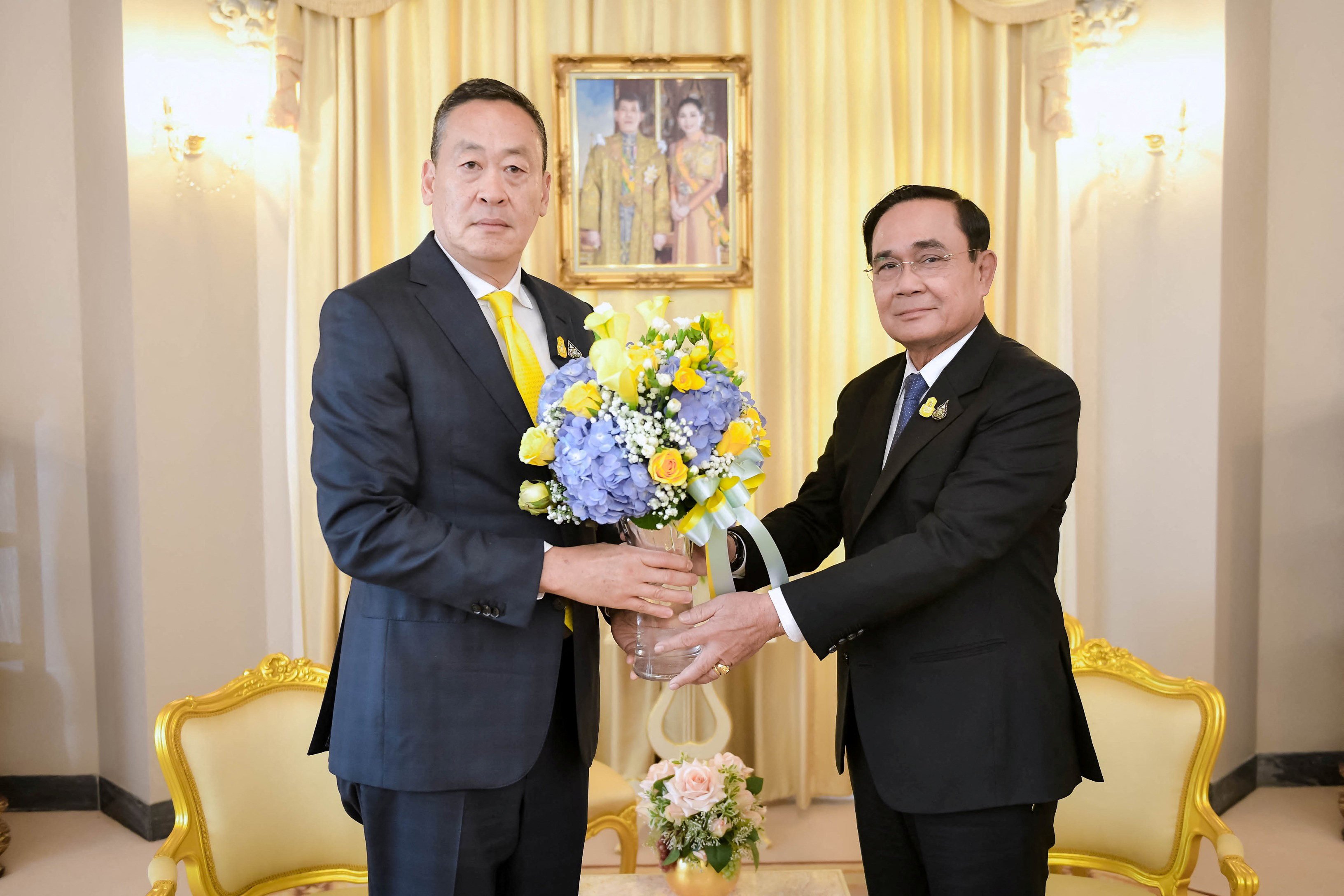 Thailand’s new Prime Minister Srettha Thavisin (left) with caretaker former Prime Minister Prayuth Chan-ocha in Bangkok on Thursday. Photo: via Reuters