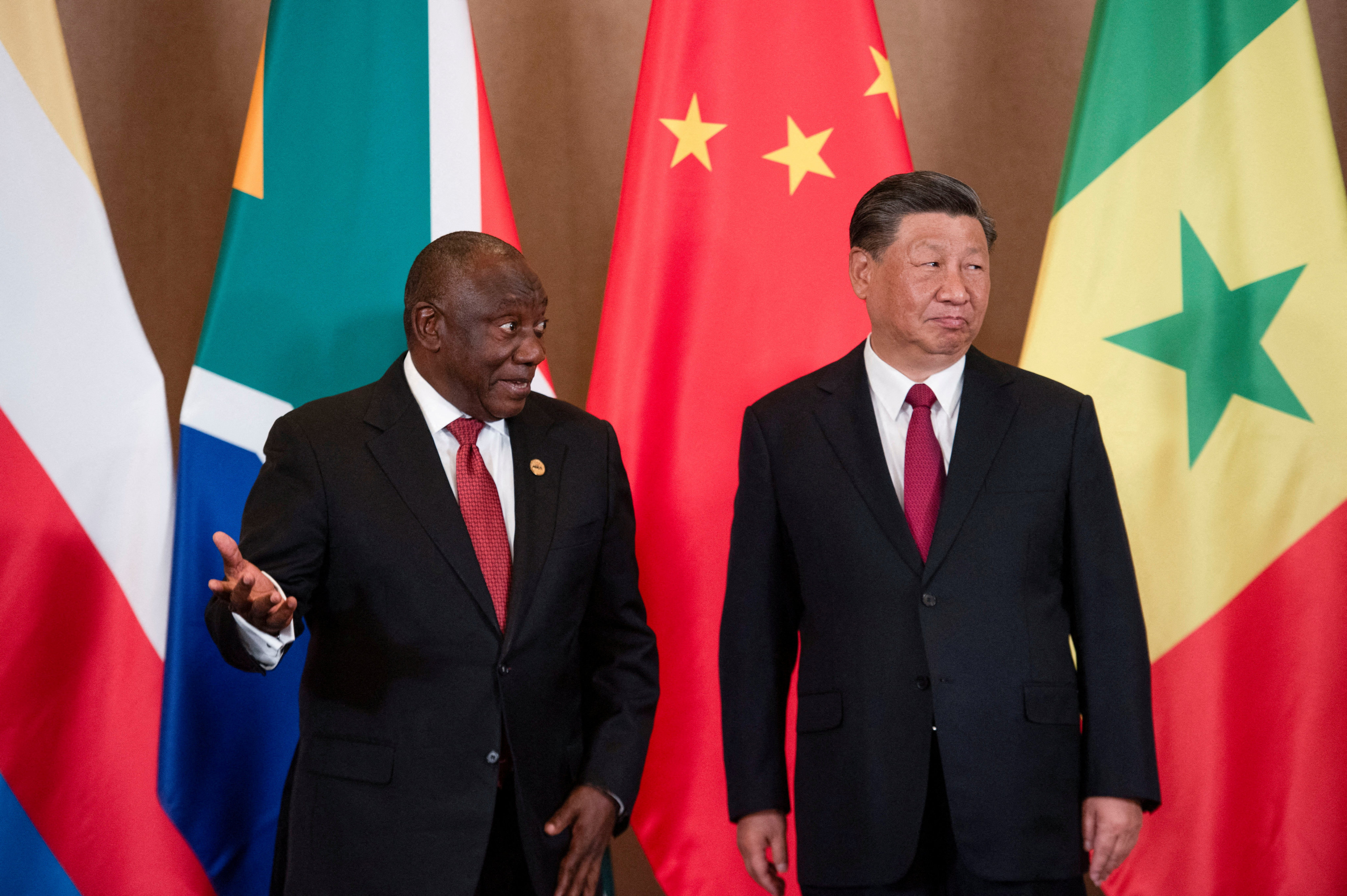 South African President Cyril Ramaphosa (left) and Chinese President Xi Jinping at the China-Africa Leaders’ Roundtable Dialogue on Thursday at the Brics summit in Johannesburg. Photo: Reuters
