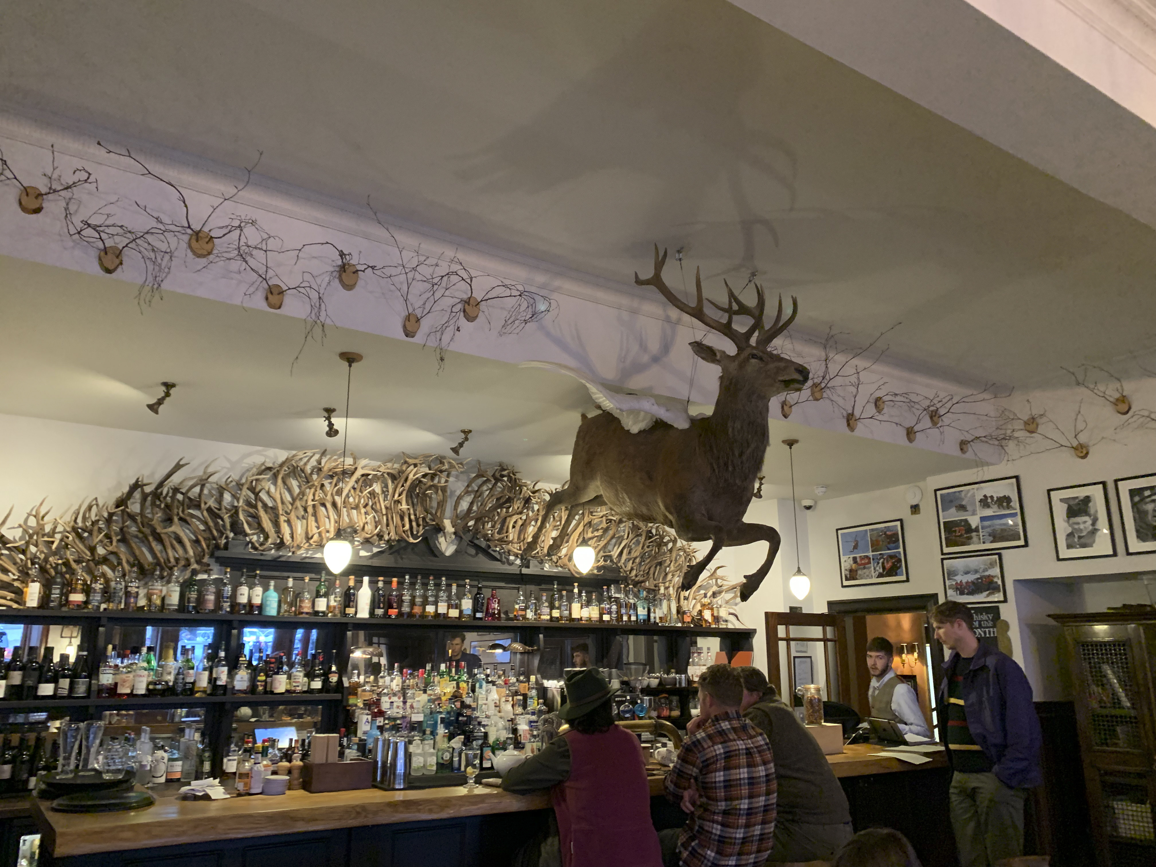 A flying stag above the bar at The Fife Arms hunting lodge in Braemar, Scotland, quirky accommodation designed by Russell Sage that’s a stone’s throw from the royal Balmoral Estate. Photo: Lee Cobaj