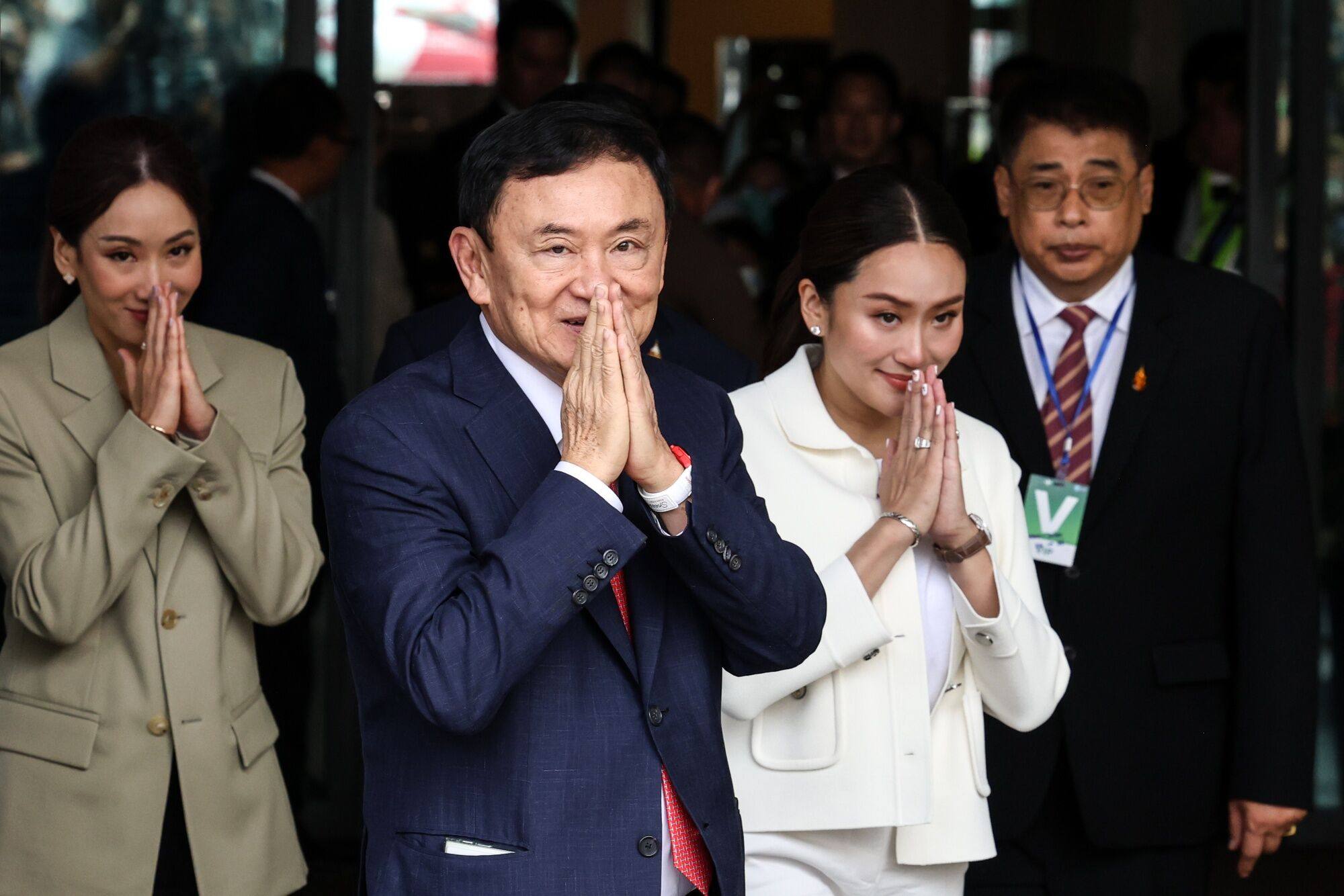 Thaksin Shinawatra, Thailand’s former prime minister (centre) arrives at Don Mueang airport in Bangkok, Thailand after returning from self-exile on August 22, 2023. Photo: Bloomberg