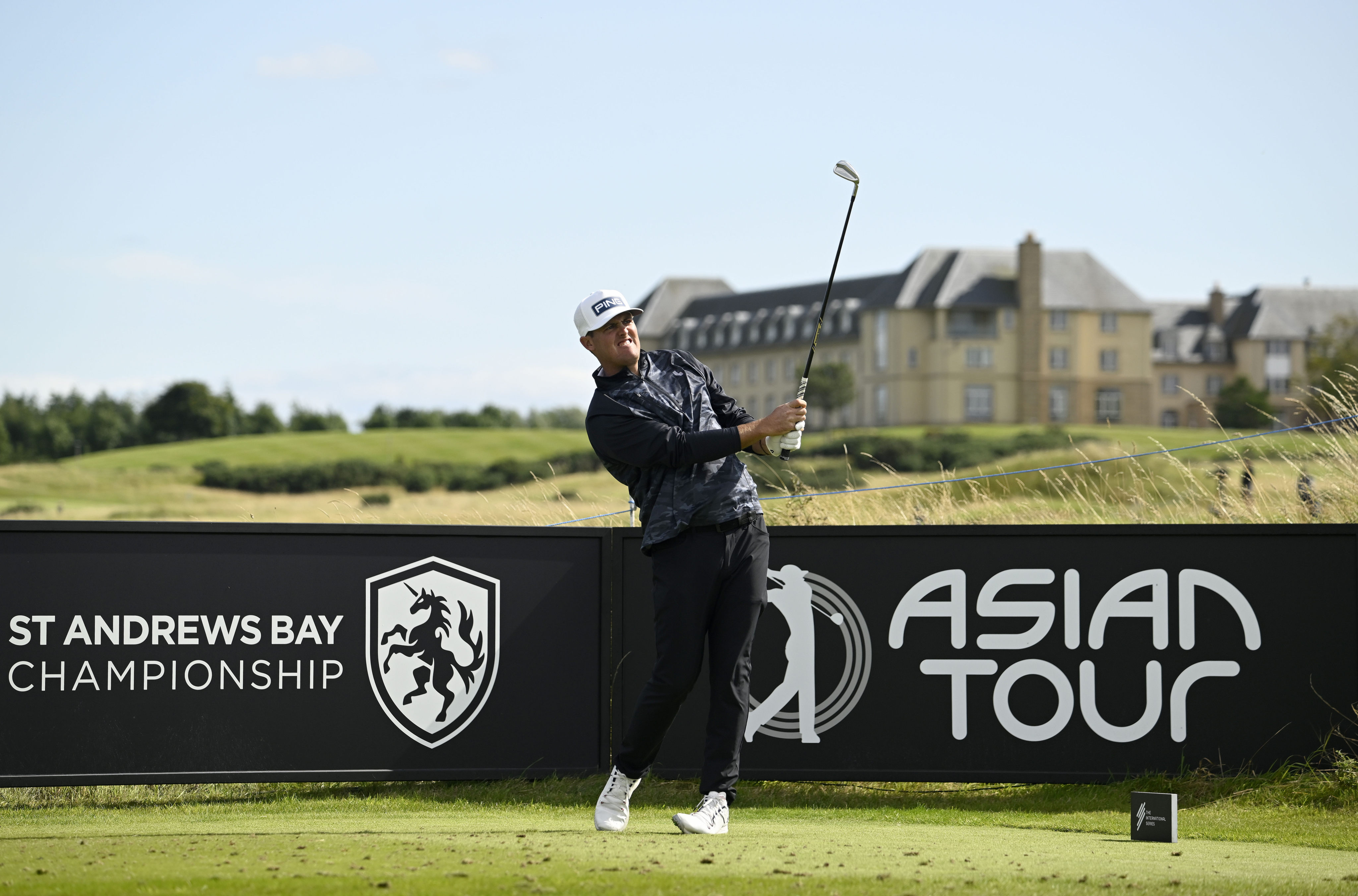 Chile’s Mito Pereria tees off during the first round of the St Andrews Bay Championship. Photo: Asian Tour